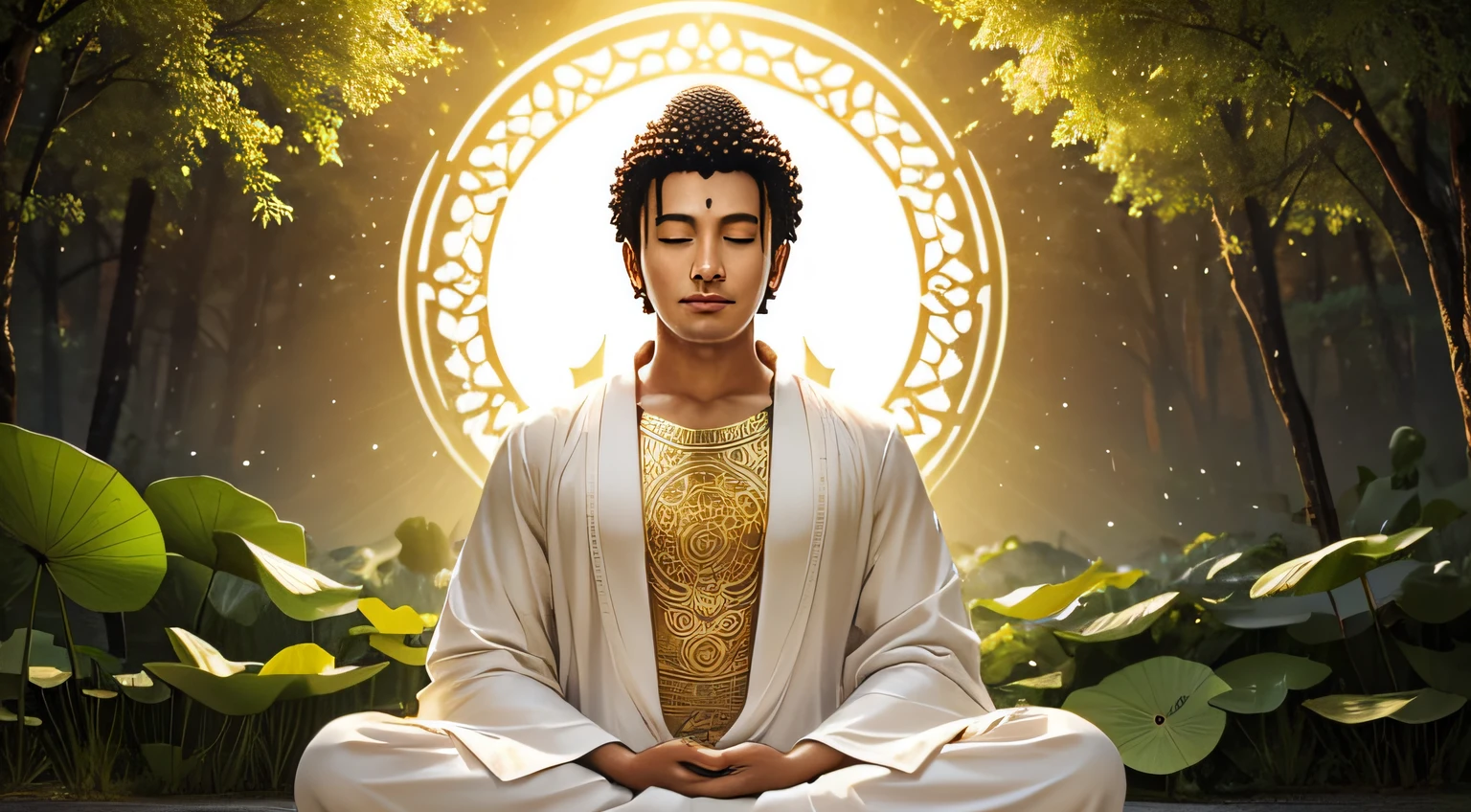 illustrate:
godama buddha、wearing white outfit、Smiling、A detailed face、A detailed eye、Calm face、Surrounded by nature、Sunlight、wearing robe、
Visual elements:
Gautama Buddha with his unique robe and aura of enlightenment.
young man in modest clothes, fully immersed in the teachings.
Green grass々linden tree with curly leaves, have a calm tone.
quietness, A background inspired by warm nature, golden colors.
Subtle symbols of enlightenment and meditation (shining lotus, Complex mandalas, etc.) Add visual interest and spiritual symbolism.
The soft glow and aura that surrounds Gautama Buddha、emphasize his spiritual presence。.