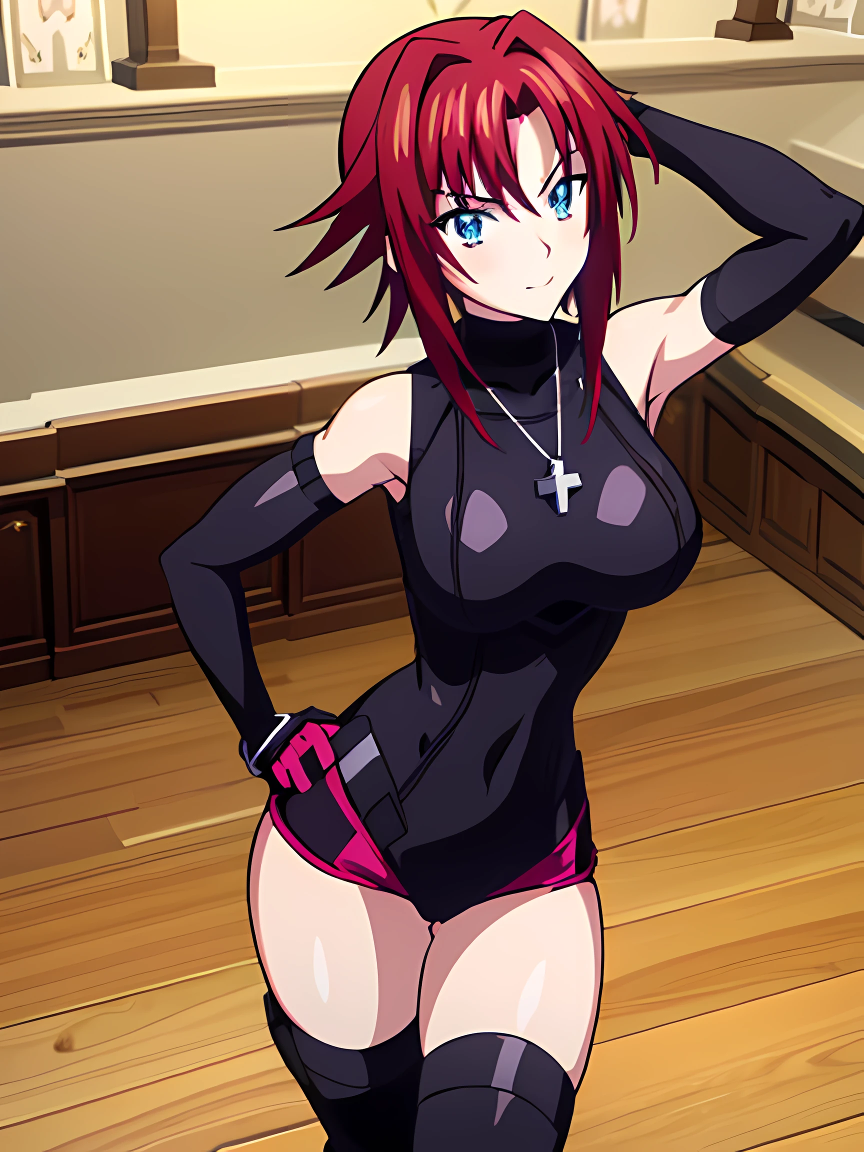 Kairi \(Kingdom Hearts\) with smooth short red hair, blue eyes, medium breasts, athletic figure, and a gentle smile wearing black (dxd outfit:1.4), elbow gloves, black gloves, covered navel,thigh boots, turtleneck, cross necklace, necklace, cross, standing in a church, full body shot, masterpiece, 16k resolution, and ultra detailed.