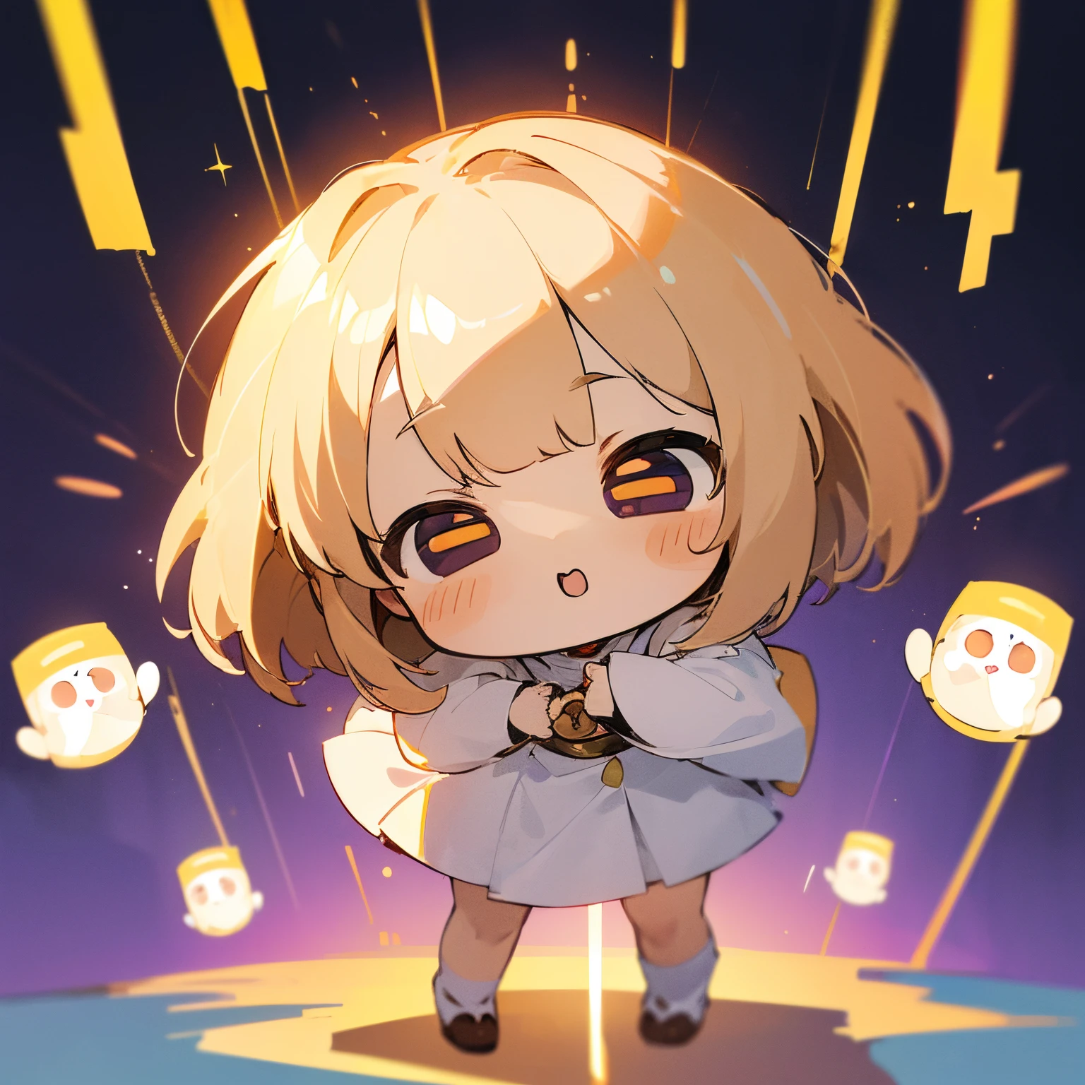 super high quality, (chibi character, deformed, full body, big head:1.5), 3D, cute deformed character with bulging cheeks, blonde light brown bob cut, priest woman, priest costume, purple big eyes with golden cross lights, background fantasy
