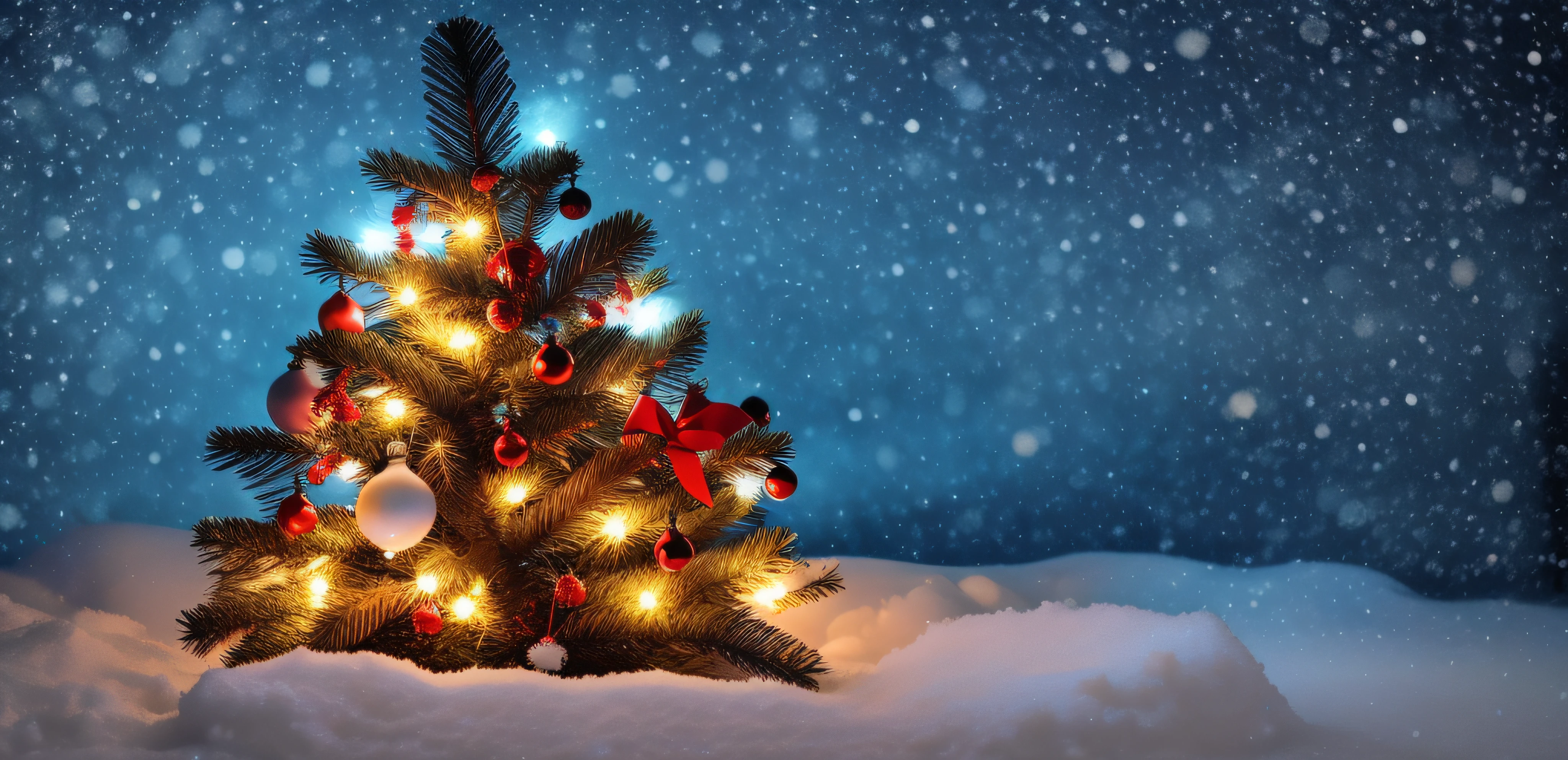 a close up of a christmas tree with lights on in the snow, christmas night, wallpaper - 1 0 2 4, snowy winter christmas night, christmas tree, hd wallpaper, holiday season, beautiful wallpaper, hight decorated, closeup photograph, wide screenshot, cozy, background, lights on, portrait shot, amazing wallpaper, by Aleksander Gierymski, wallpaper hd