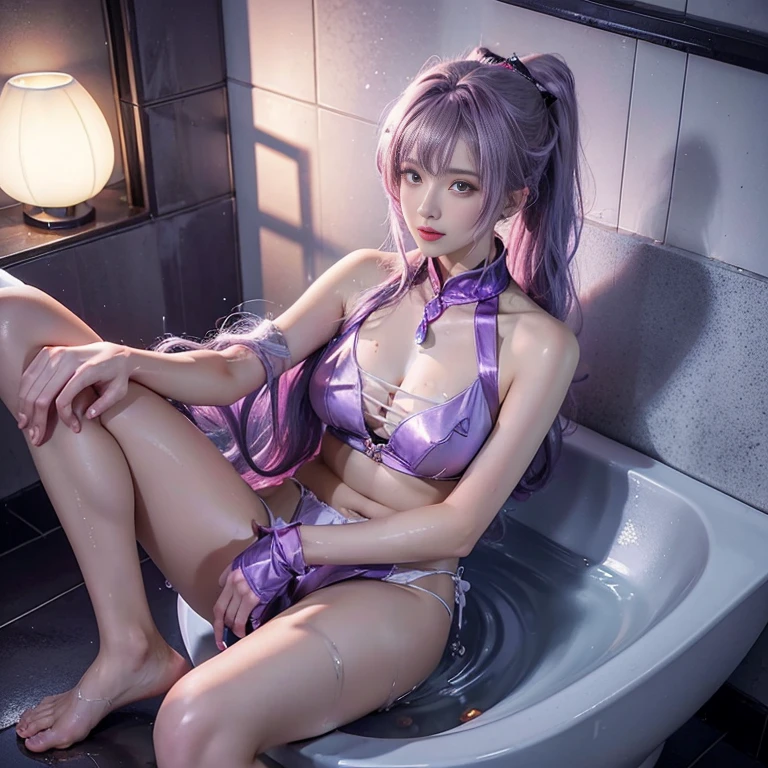 ((Best quality at best)),((Upscale, 8K, tmasterpiece: 1.5)), toilet room: 1.2, perfect body beauty: 1.4, Bigchest,Purple colored hair, double-ponytail,a purple eye,Black microbikini,dyspnea, Looks shy when crying, Stick out her tongue, Open your mouth lazily,wetted skin, the is visible,Lying on the floor next to the toilet,Bathroom lights dim,legs are open,Open your legs,legs separated,knee bend,Film texture, (The crotch is wet, Liquid leaks from the inside of the crotch), (lots of wet pantiepink panties are sThere is a lot of translucent liquid on the surface of the chest skin,translucent liquid on face