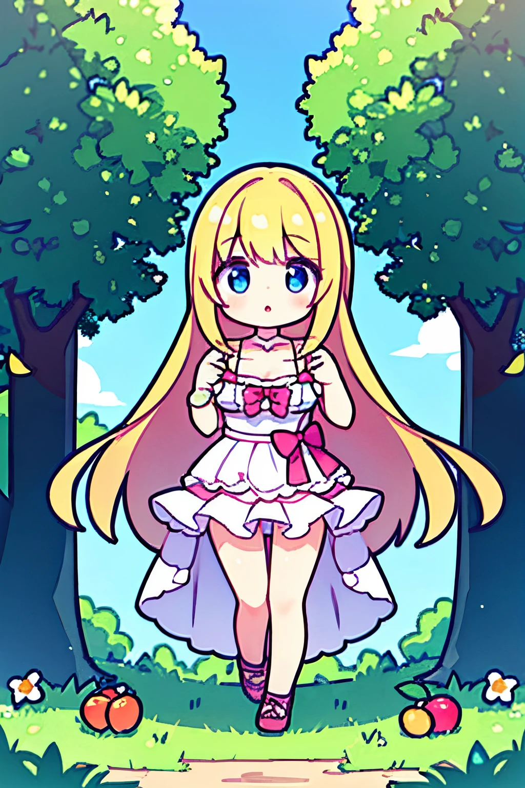 a country girl take hoe in fruit garden, sunny , beauty eyes, full body