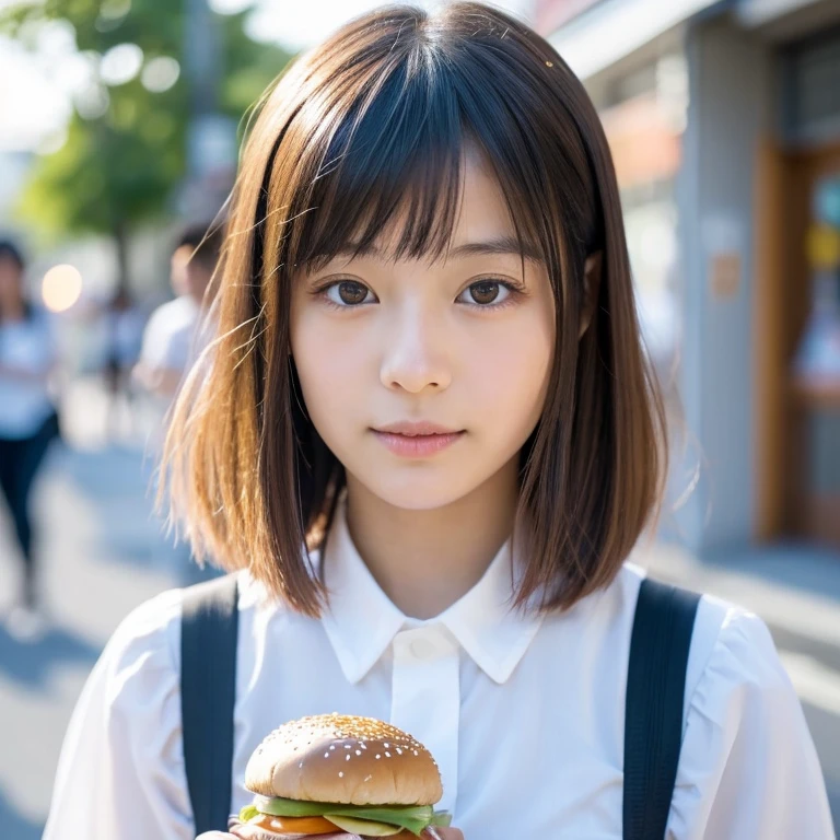 Young adorable Japan face, Young cute Japan face, Japan girl with short hair,Light hair color, beautiful young  japanese woman,sixteen years old,hight resolution,A hyper-realistic,ultra-detailliert,hightquality,Nogizaka Idol System,selfee,Nordic beauty, Realistic, Live action, Portrait photos, Photorealsitic, Detailed skin, Japanese ido,Beautiful body lines,gothic lorita, white shirt, eating a burger at McDonald's