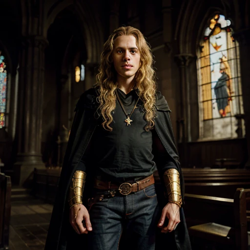 dark soul, dim light, old church, cute , slim, tall, long blonde curly hair, long black cape, red leotardy jeans, riding big dragon monster , gold bracelet, 8k, Official style, European aristocracy,