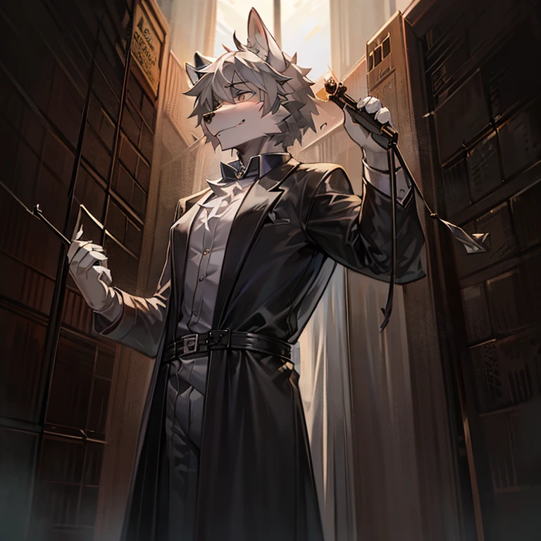 Uncles，Wolf ears，shaggy，Gray hair，Director of Prison Detention Center，Holding the whip of thorns，Transparent coat