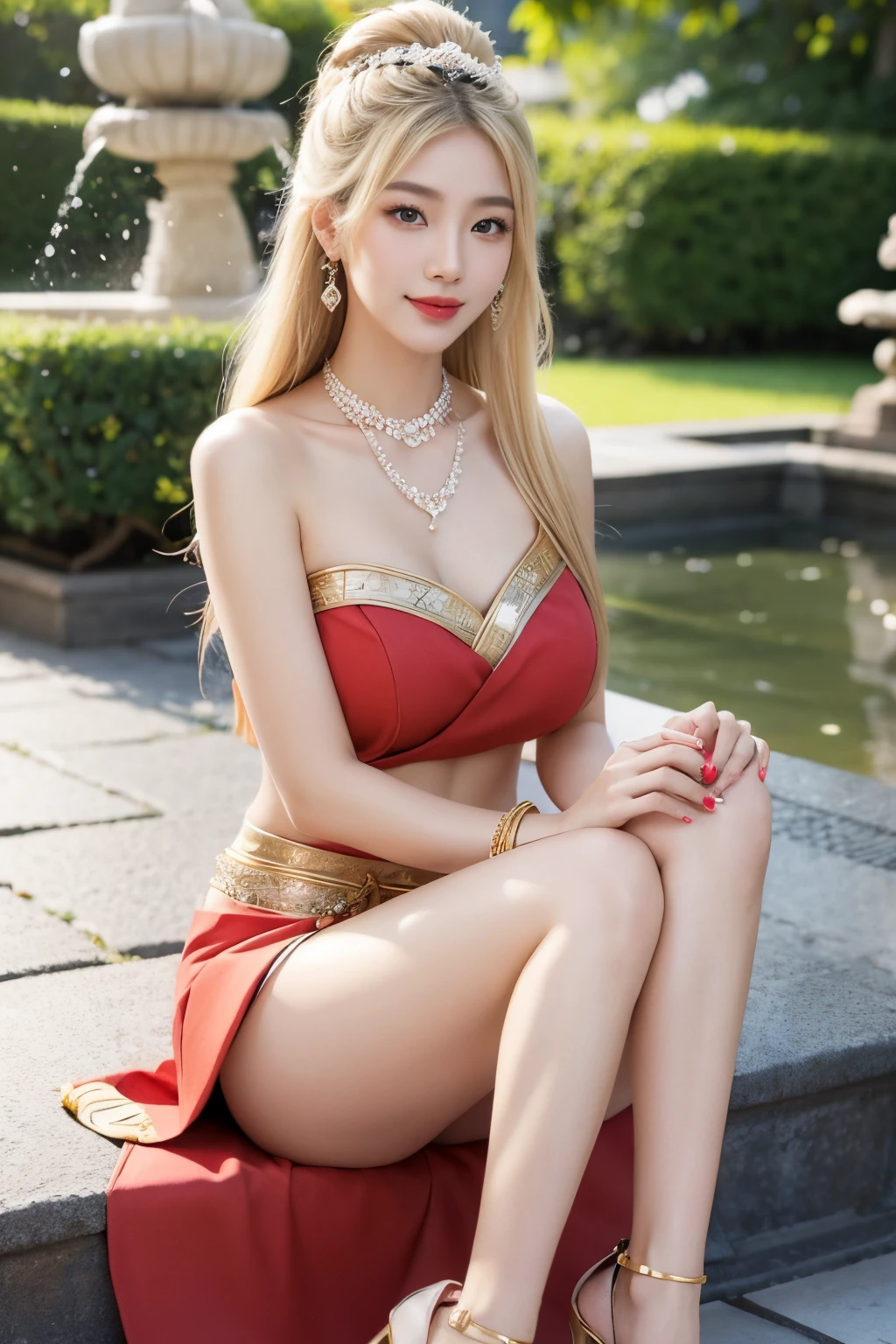 1girl, japanese, fair skin, black eyes, blonde layered hair, japanese queen, queen of tang dynasty,  jewellery,  necklaces, bracelets, nose ring, anklets, goddess of beauty,  front view, pinkish makeup, red lips,  detailed face, perfect anatomy, perfect body expressions, confident, very affectionate smile, palace garden, sitting on a half walled fountain, crossing legs, high heels