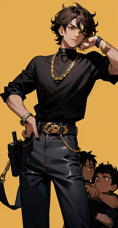 manly looking,light brown hispanic, black curly hair, brown eyes, black t shirt, black jeans, balenciaga slides, gun in his right hand holding it up, he had gold chains around his neck and a diamond watch