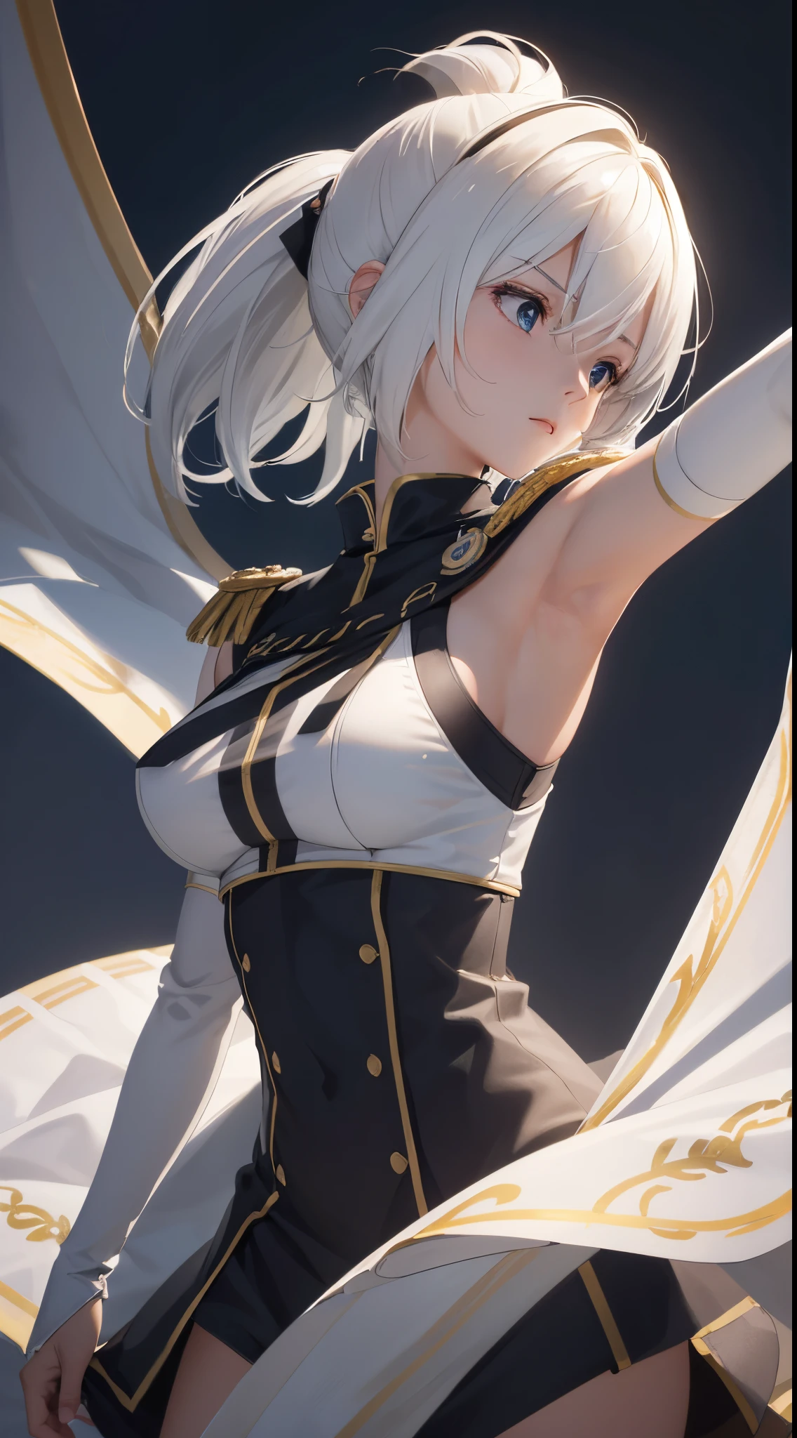 SentoIsuzu,brown hair, brown eyes, long hair, antenna hair, ponytail, hair bow,BREAK cape, armor, black bodysuit, gauntlets, underboob, BREAK looking at viewer,(from below:1.2),armpits,arm up, BREAK outdoors, beach, BREAK (masterpiece:1.2), best quality, high resolution, unity 8k wallpaper, (illustration:0.8), (beautiful detailed eyes:1.6), extremely detailed face, perfect lighting, extremely detailed CG, (perfect hands, perfect anatomy),