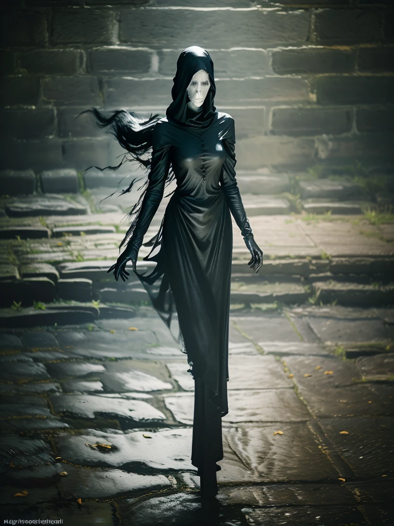 (Young woman, solo, full body, hyperrealism, gothic dress), (night), trending on artstation, moonlit, flowering field, hands on hips, (ghostlystyle, ghostly mist), horror, tattered ghostly clothes, ghostdarksouls, wraith, floating, glowing eyes