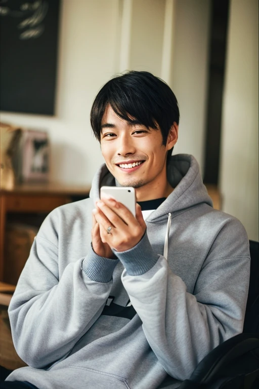 Smiling handsome Japanese man absorbed in his smartphone,inside in room,wearing hoodies,I have a smartphone