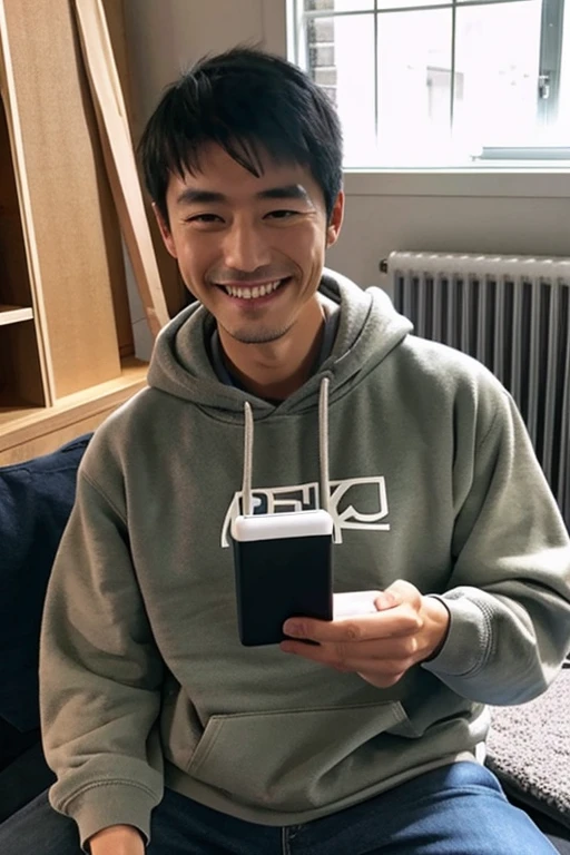 Smiling handsome Japanese man absorbed in his smartphone,inside in room,wearing hoodies,I have a smartphone