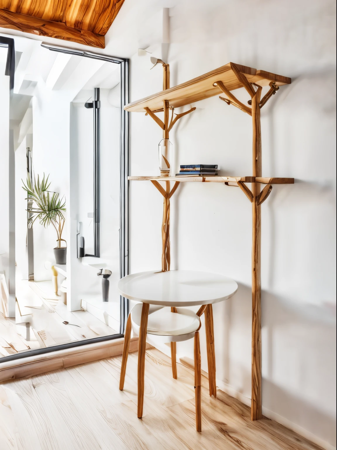 ((light white wooden table shelf))