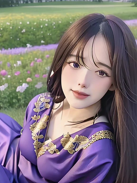 a close up of a woman laying on a field of flowers, beautiful fantasy art, very beautiful fantasy art, beautiful fantasy maiden, detailed fantasy art, garbed in a purple gown, fantasy woman, dressed in purple, fantasy art style, beautiful alluring anime woman, beautiful sorceress, hd fantasy art, breathtaking fantasy art, beautiful detailed fantasy