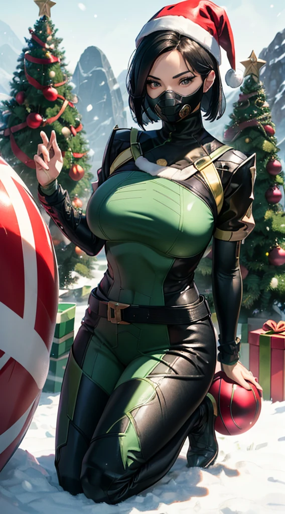 viper, mask, respirator, shiny clothing, latex, christmas scene, zoomed out, zoomed way out, big boobs, exotic, leapord print clothing, santa hat, christmas, christmas tree, mountains, snow, log cabin, 8k, high res, ultra realism, unreal engine, beatiful eyes, sparkling eyes, flirty look, sexy, holding a shiny red christmas ball, big tits, perfect woman, very clear, crisp, hd, uhd, 8k, 8k, 4k, high resolution, 360hz, dominating, confident, correct amount of limbs, machu picchu, on knees, full body, opposite of close up