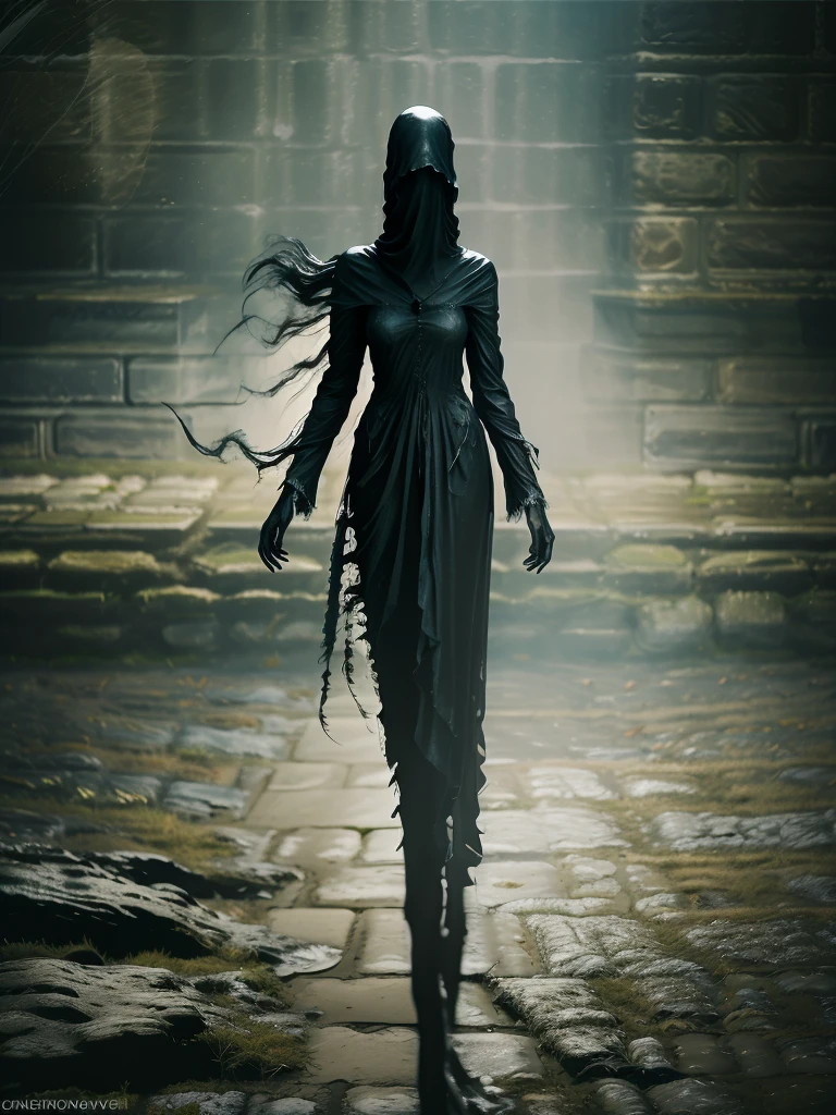 (Young woman, solo, full body,  hyperrealism, gothic dress), (night), trending on artstation, moonlit, flowering field, hands on hips, (ghostlystyle, ghostly mist), horror, tattered ghostly clothes, ghostdarksouls, wraith,  floating, (glowing eyes), reaching toward viewer