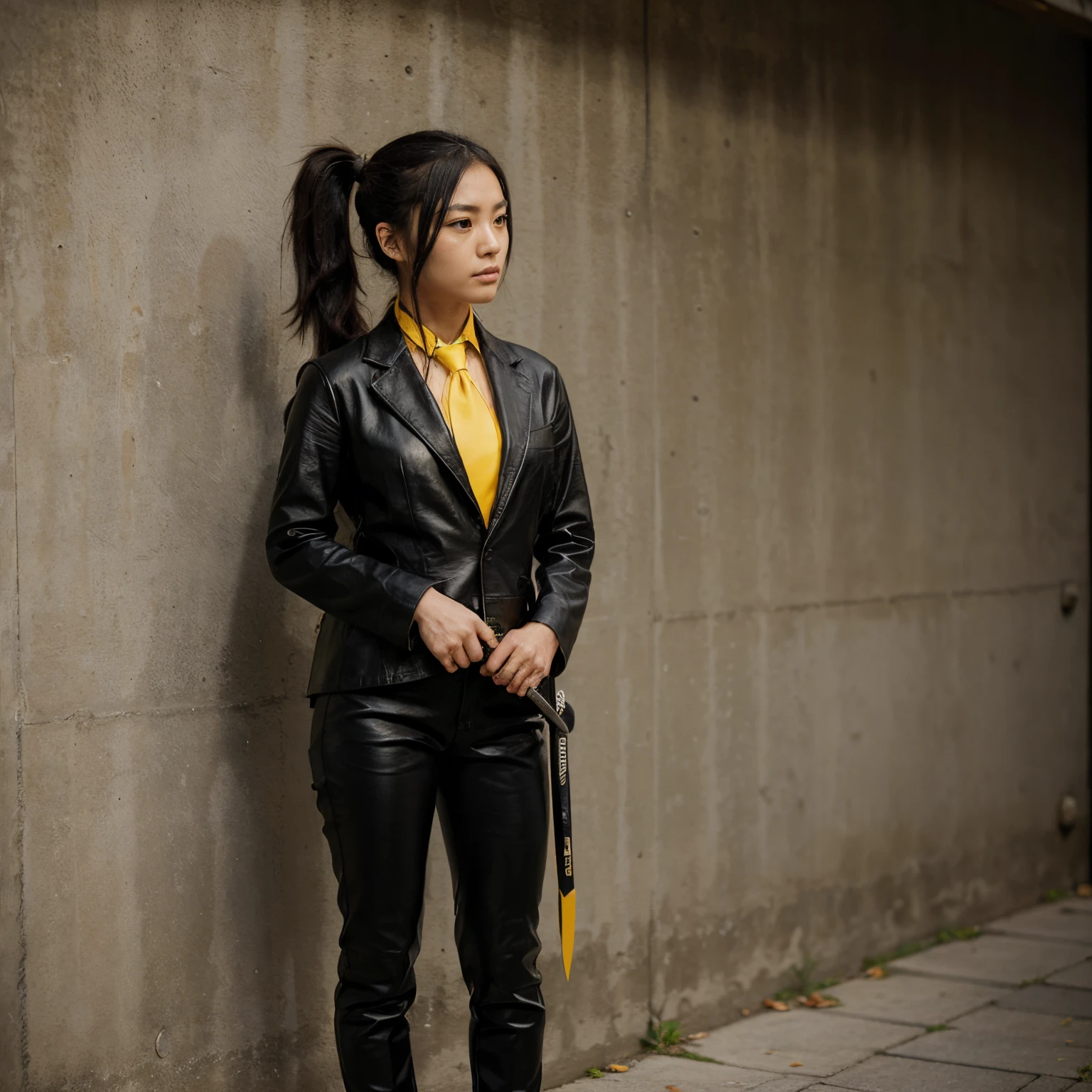 Japanese girl in black leather suit, pony tail hair, yellow tie, agent, masterpiece, best quality, black shirt, leather pants, straight hair, boots, long dagger knife is sheathed in boots