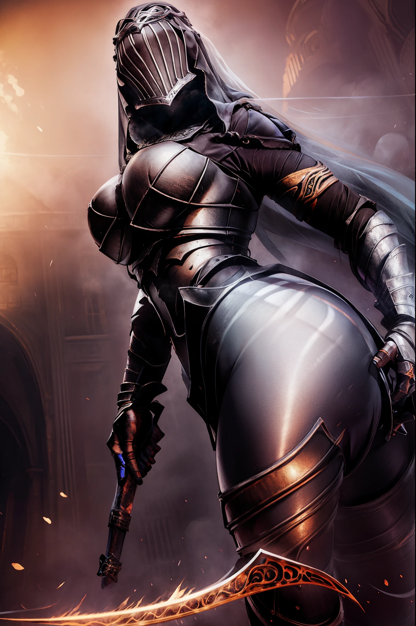 nsfw, 1girl, Solo, 8k, Top-quality, Masterpiece, Super high resolution, Realistic, Cinematic, fullbody viewer, helm, silver, knight, twin sword, pantyhose, blue veil, hair ornament, big boobs, ass, Thick thighs, The ultimate beautiful lady knight, snow