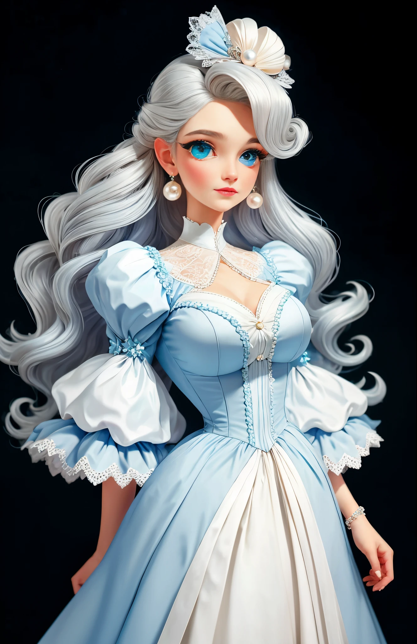 blue colored eyes，platinum hair girl，Pearl brooch in hair，Beutiful women，White victorian dress with white tie，The dress has white ruffle details，big chest and thin waist，Light summer victorian dress，Lace neckline，He has a sky-blue ribbon around his neck，18yr old,Korean Greek mixed European girl,((need)),((tmasterpiece)),(A high resolution:1.2),Long gray hair,side bang,Pearl hairpins,fashion hair,