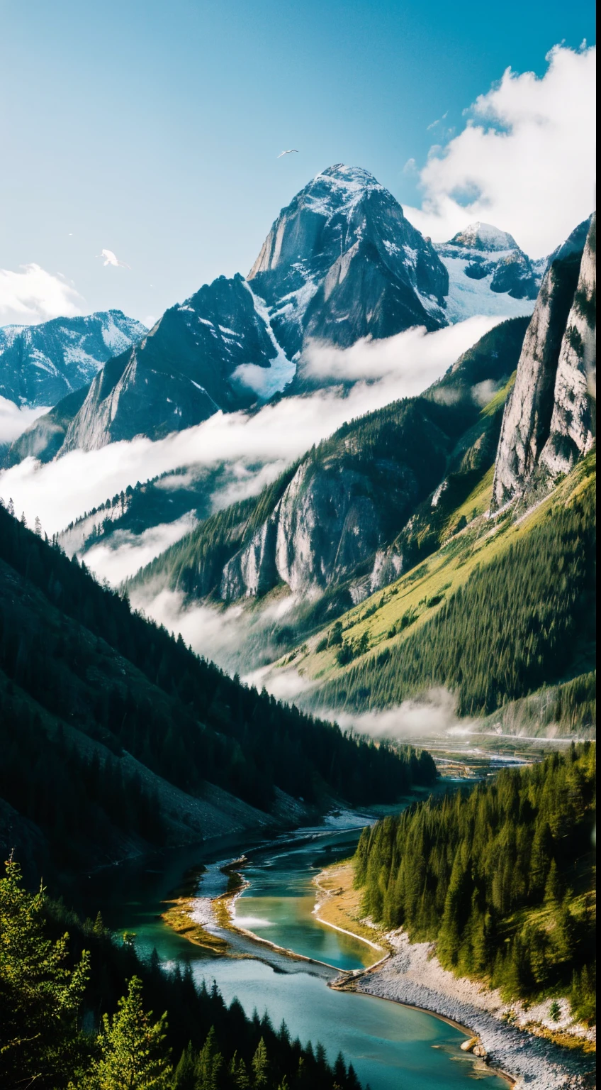 A high-quality photograph taken from a unique perspective, standing in water and looking up at a majestic mountain. The stream gracefully descends from the mountain's summit, in a long slow path, creating a stunning and harmonious scene. This meticulously detailed masterpiece captures the awe-inspiring beauty of nature as you gaze upwards at the cascading stream flowing down the mountainside. In the distance, birds can be seen soaring against the backdrop of this picturesque mountain landscape.
((best quality)), ((masterpiece)), (detailed)