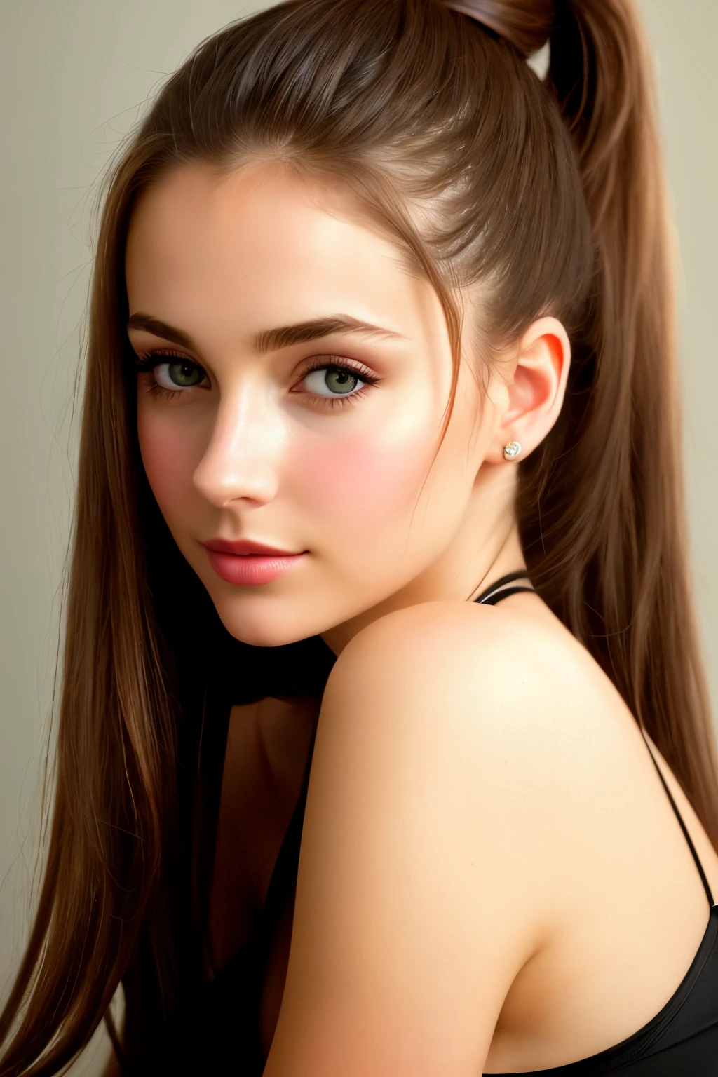 color photograph, close-up, ((a realistic photo of a beautiful girl)), (milalc), light, ((glowy skin)), looking_at_viewer, (fit body:1.0), ((medium breasts)), high ponytail, detailed illustration, masterpiece, high quality, realistic, very detailed face,