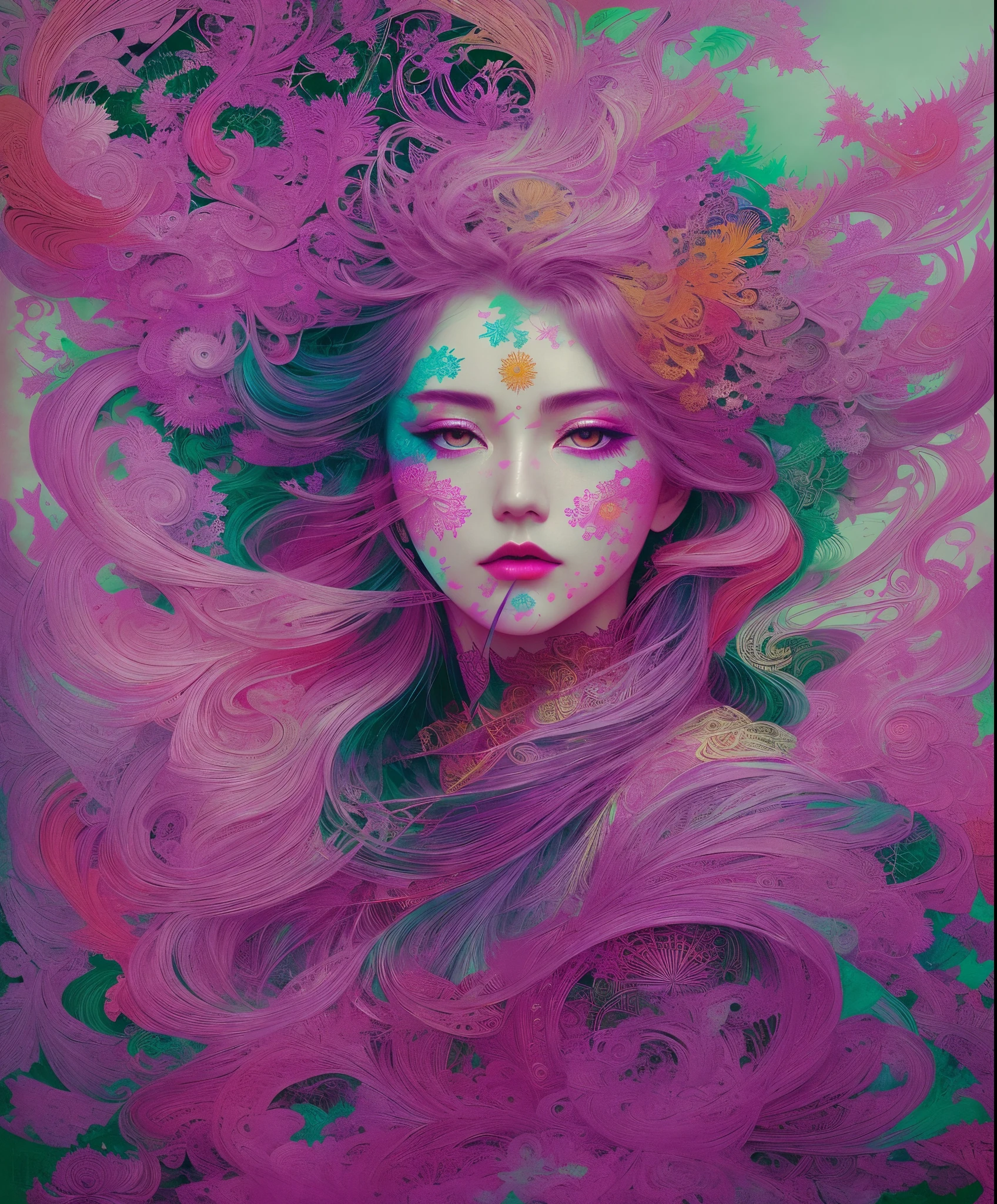 Official art, Unity 8k壁纸, ultra-detailliert, Beautiful and aesthetic, masutepiece, Best Quality, (Zentangle, mandalas, Tangle, Entangle), (Fractal Art:1.3) , 1girl in, Extremely detailed, Dynamic Angle, cowboyshot, Most Beautiful Form of Chaos, Elegant, a brutalist designed, vivd colour, romanticism, by james jean, roby dwi antono, by Ross Tran, Francis Bacon, michal mraz, Adrian Ghenny, petra cortright, Gerhard Richter, Takato Yamamoto, Ashley Wood, Atmospheric,Warrior, (multicolored background:1.1)