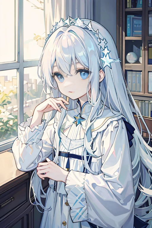 Long pale white slightly curly hair，Light blue eyes，As estrelas，Delicate hair accessories，starrysky，Study room