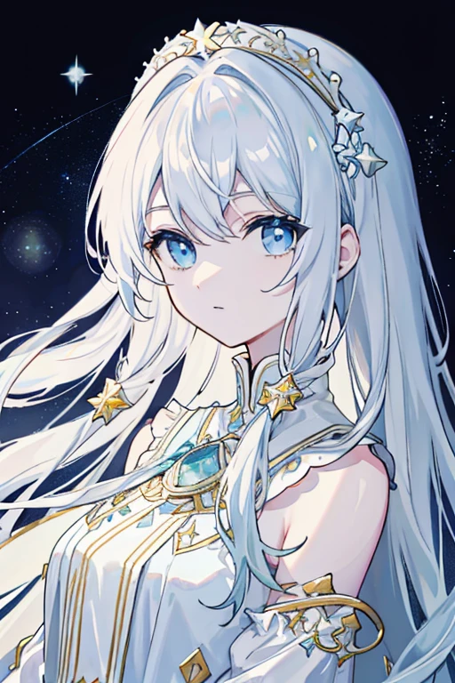 Long pale white slightly curly hair,Light blue eyes,As estrelas,Delicate hair accessories,starrysky,Study room
