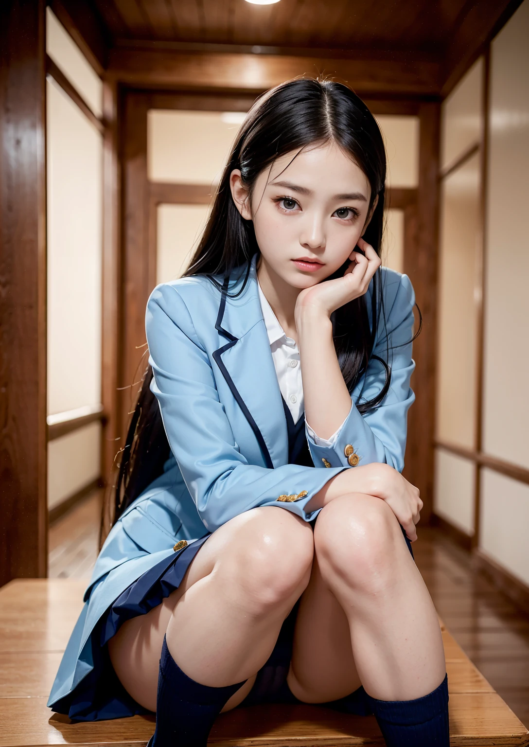 Dark blue high socks majicMIX Real、(Raw-Photo:1.2)、(Photorealcitic:1.4)、The beauty of beautiful details Delicate facial expressions、a blond、((I can see the panties))(Squatting panty shot)piercings eyeslashes beautiful delicate eyes、huge file size、extremely highly detailed、Hight Resolution、transcendent beauty Top Quality、masterpiece、、(Japanese girls' high school uniform))、very detailed expression majestueux、delicate detail、Highly detailed facial video lighting、16 year old girl、front-facing、((dynamicposes)))、(Sitting on legs with bent knees))、pleatedskirt、Blazer coat、Sexy upper eyes