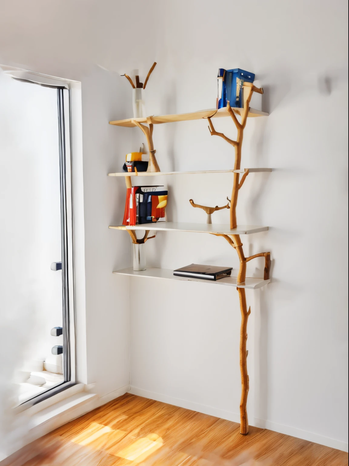 ((light white wooden table shelf))