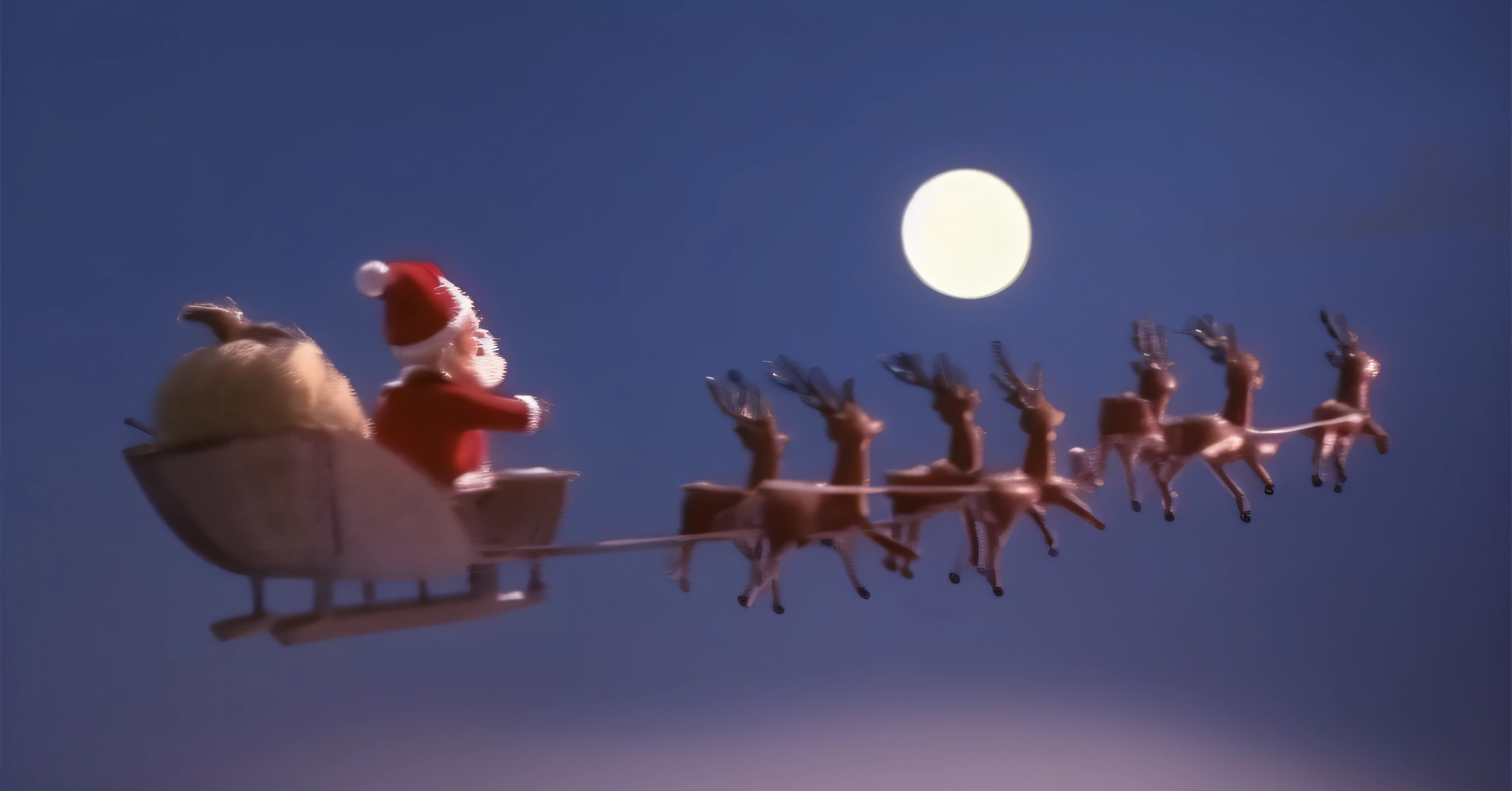 santa claus and his reindeer sleigh are flying in the sky, 1960's rankin bass stop motion, santa clause, santa, santa claus, inspired by Rudolph F. Ingerle, captura, movie screen shot, polar express, youtube video screenshot, 1952, 1 9 5 4, 1954, inspired by Rudolph Belarski