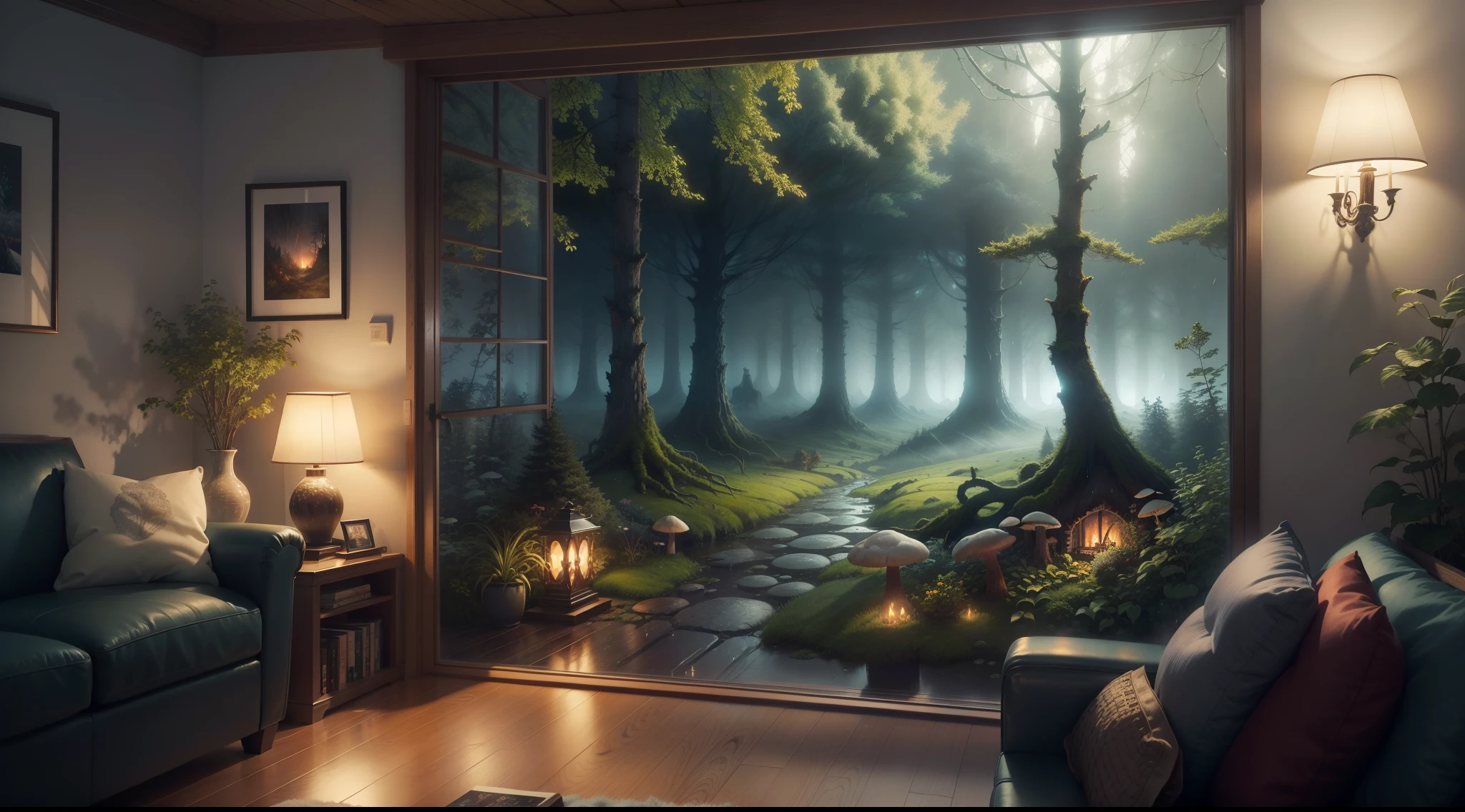 A dreamlike illustration featuring a cozy interior scene, drawn by Adrian Smith, with rain and storm clouds visible outside a window. The scene includes magical forests filled with colorful mushrooms and creatures, and audio waves can be heard in the background. The image is rendered in a warm, colorful style with a focus on contrast and texture