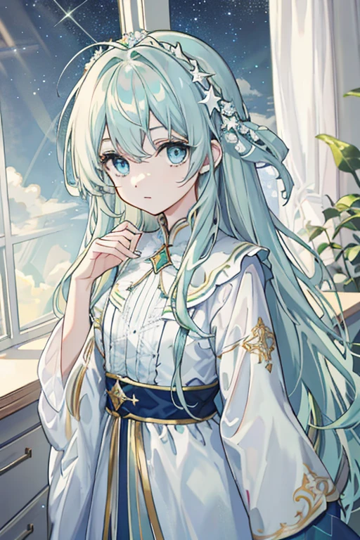 Long pale green slightly curly hair，Light blue eyes，As estrelas，Delicate hair accessories，starrysky，Study room