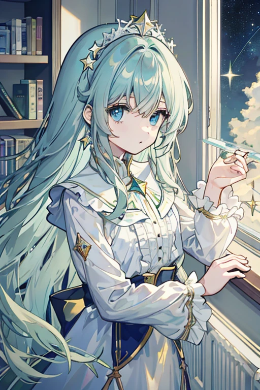 Long pale green slightly curly hair,Light blue eyes,As estrelas,Delicate hair accessories,starrysky,Study room