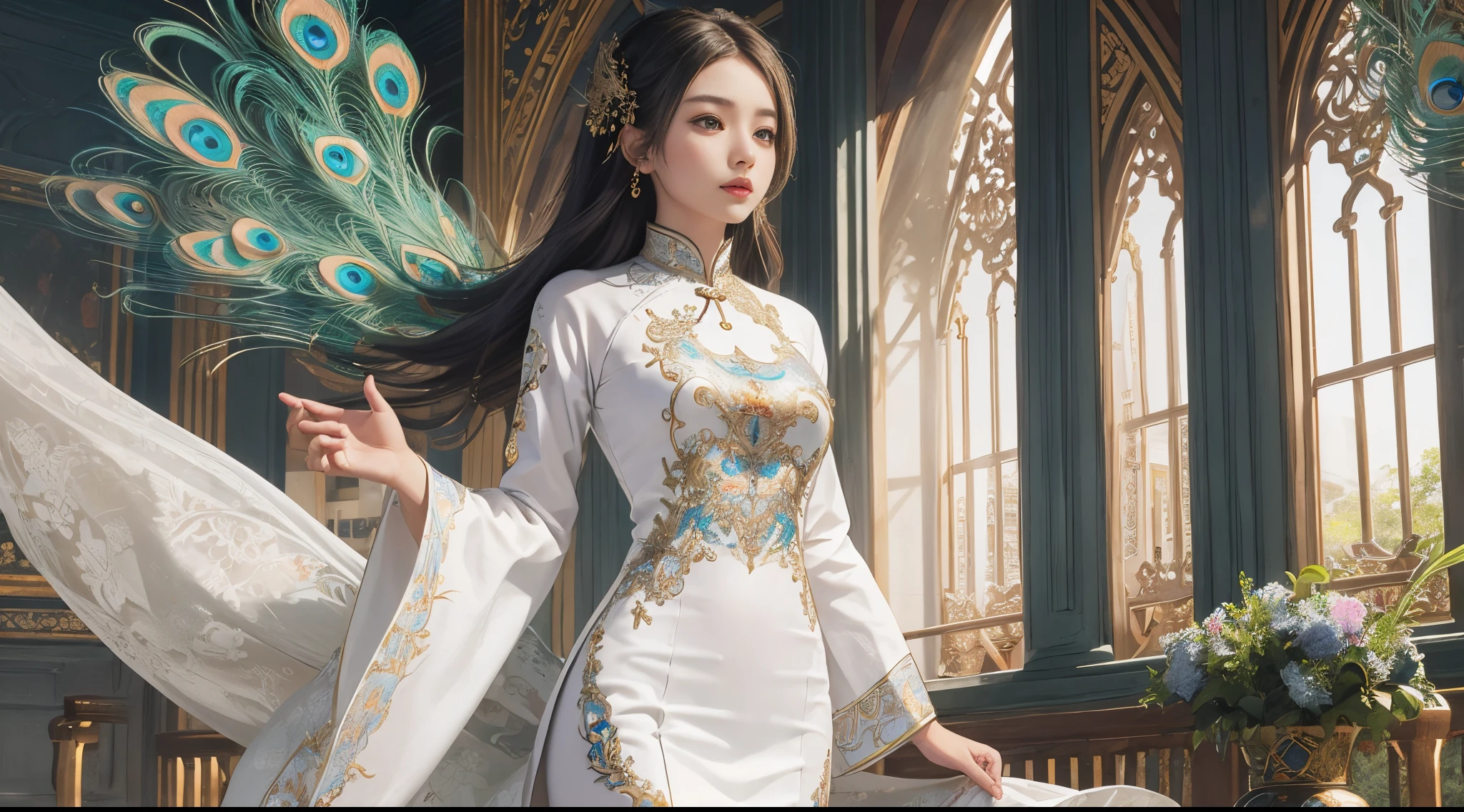 Ao dai worn by girls is made of thin silk or cotton sewn, White long fitted style,The is very detailed, The peacock pattern on the front of the shirt is very detailed, The girl stood in a very gorgeous space,with lots of details