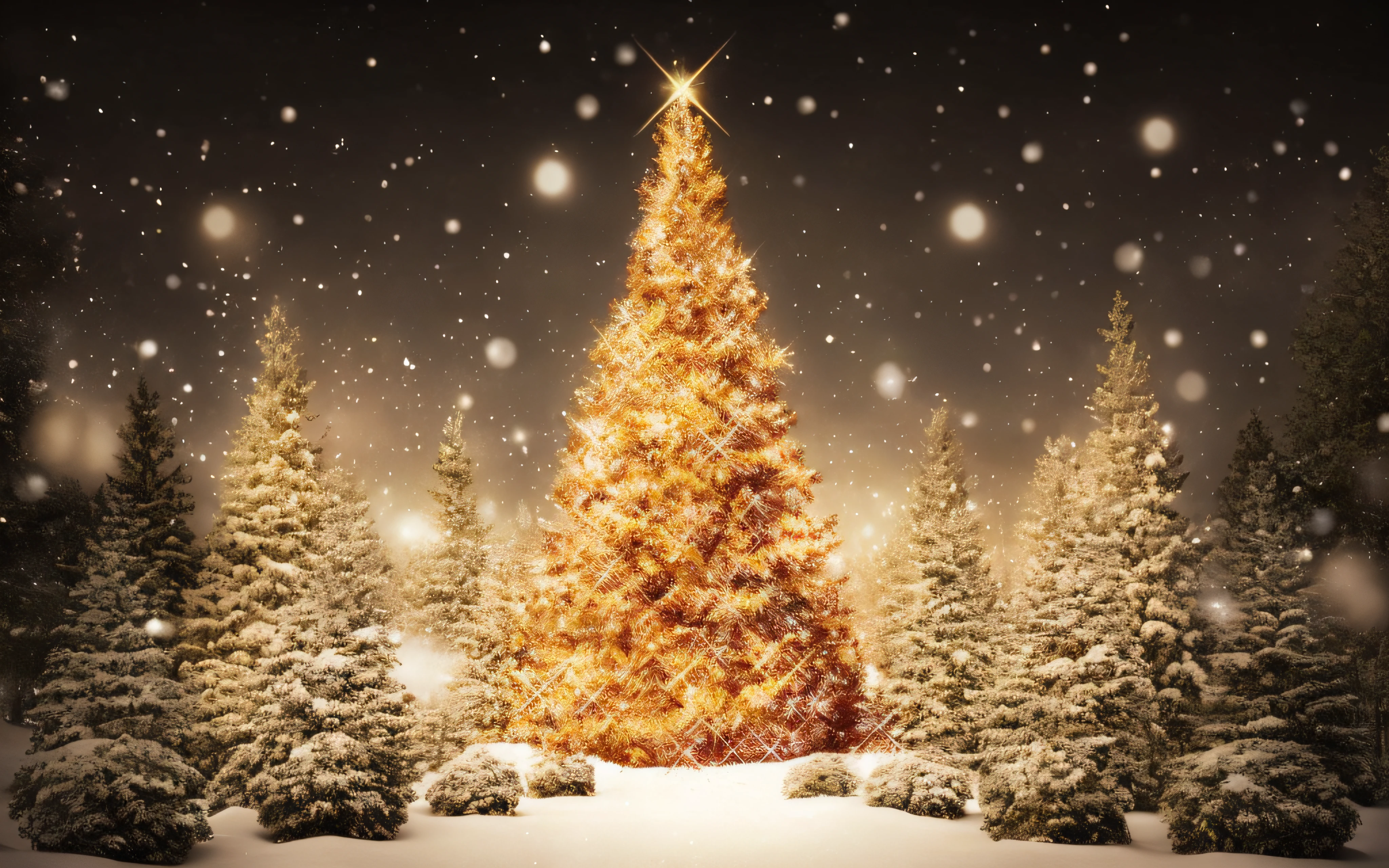 a close up of a christmas tree in a snowy forest, christmas night, snowy winter christmas night, christmas tree, trees and stars background, holiday season, tree's, !!beautiful!!, light snowfall, profile picture, profile image, profile pic, golden heavenly lights, happy!!!, foreground background, background artwork, beautiful image, wallpaper - 1 0 2 4, glowing snow