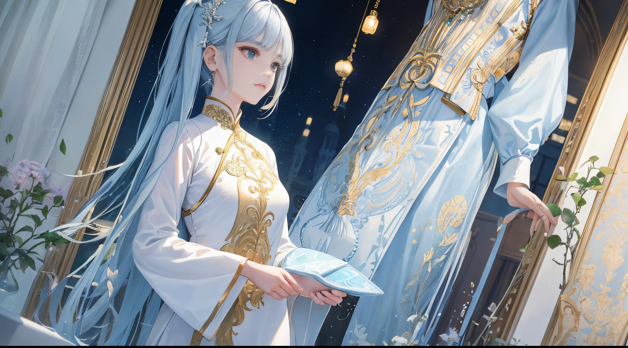 Girls wearing Ao Dai are sewn from thin silk or cotton, White long fitted style，Very detailed, The peacock pattern on the front of the shirt is very detailed, The girl stood in a very gorgeous space，with lots of details