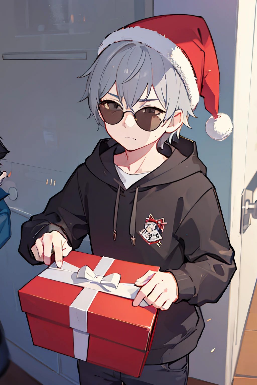 A boy with grey hair wearing a sunglasses and santa hat, red hoodie handing out present to .