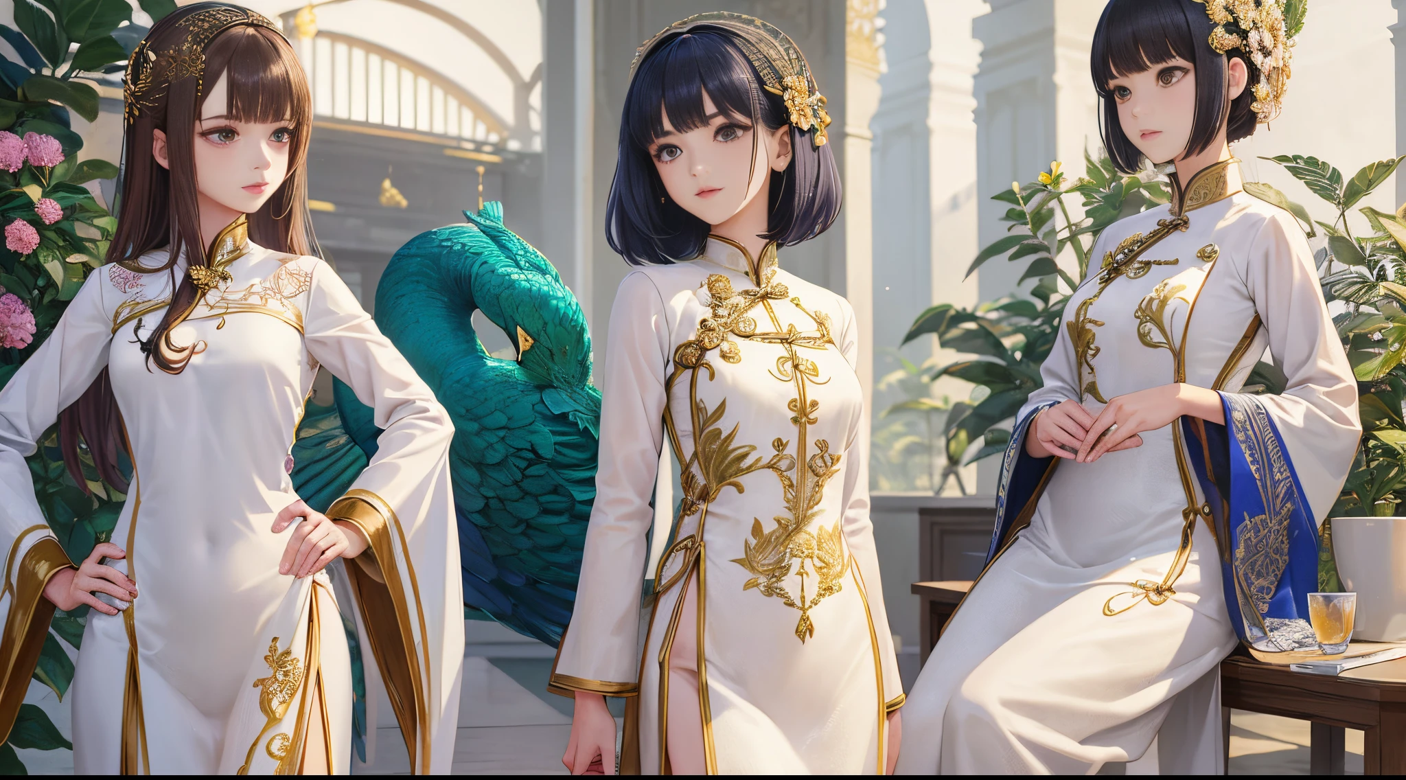 Girls wearing Ao Dai are sewn from thin silk or cotton, White long fitted style，Very detailed, The peacock pattern on the front of the shirt is very detailed, The girl stood in a very gorgeous space，with lots of details