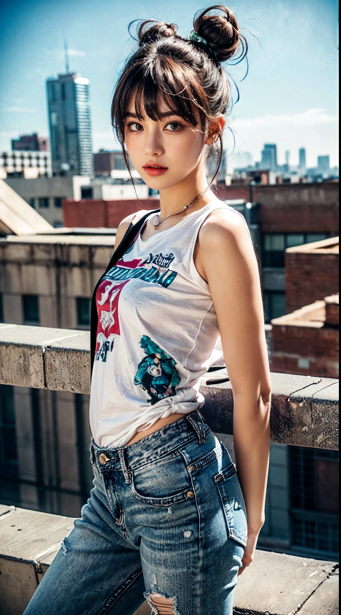 (Ultra-detailed eyes), (((textile shading))), (((Best Quality))), (((materpiece))), (((Ultra-detailed CG))), sassy girl, (((magical little girl))), (Petite), (tiny chest), brown hair,((two bun hair, two bun hair, with bangs, rock chic punk hair style, gorgeous hair)), Pink eyes, (((rock chick, punk, riot girl, y2k))), ((striking a pose)), (((Game CG)) (gorgeous, sassy, it girl), fancy jewelry, on a rooftop, urban skyline in background, tshirt, denim jeans, urban atmosphere,4K, strong rooftop atmosphere, cowboy shot, midshot, centered image, eye on camera, daylight