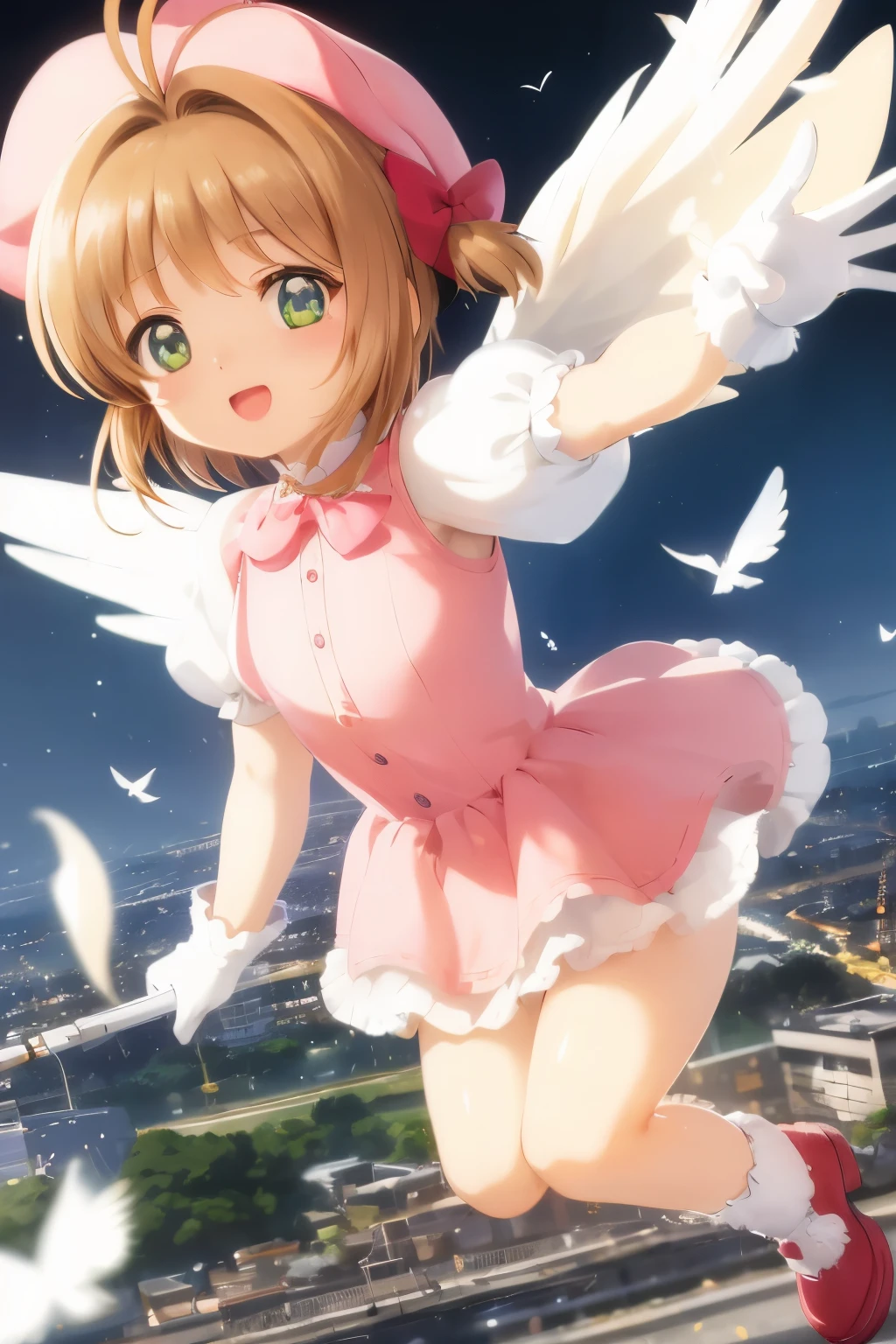 masuter piece, Best Quality, 超A high resolution, top-quality, Anime style, The best lighting, Beautiful face, kinomoto sakura, 1girl in, light brown hair, Short hair, Antenna Hair, pink headwear, Green eyes, frilld, Pink dress, Puffy Short Sleeves, White Gloves, Red bow, white thighhig, Kero-chan, There are small white feathers on the back, (Flying over the city:1.5)