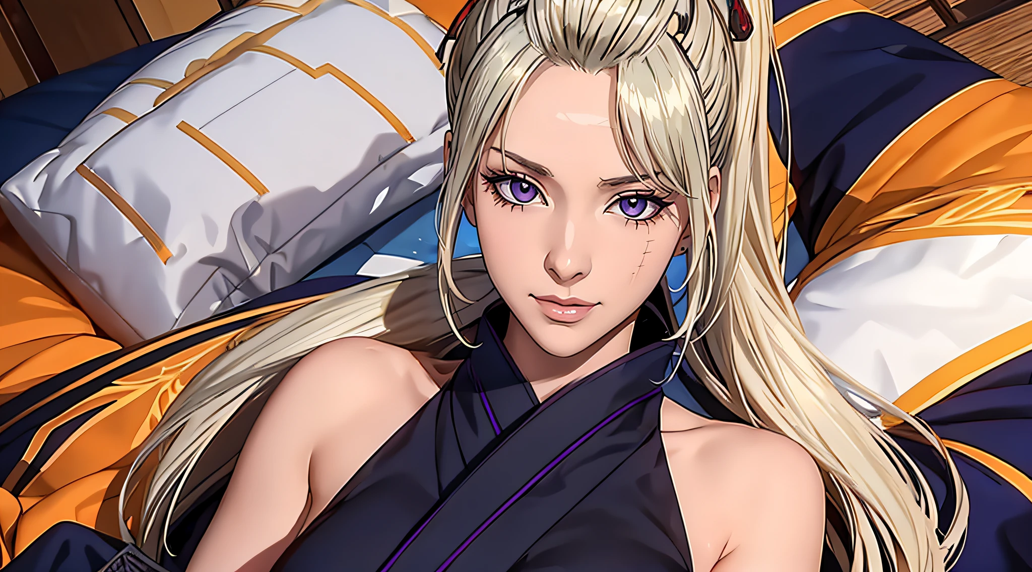 （（（There are scars on the face，Blonde hair, a purple eye, folded ponytail, hair adornments,black kimono,Big crotch，S-shaped body:1.7））），((tmasterpiece)),A high resolution, ((Best quality at best))，tmasterpiece，top-quality，Best quality，（（（ exquisite facial features，looking at viewert,There is light in the eyes，Smilingly，Self-confident ））），（（（Light and shadow interlace，huge boob））），（（（dynamicposes, 1 girl, (complete figure:0.9), Alone,, sexy women,Body contours，Raised sexy，Realistic silhouette of human body， ((good body)),the girl poses for a photo，Full body lesbian，24 years old female model，perfect foot、have perfect arms，Lie down in bed，clean sheets，)）））