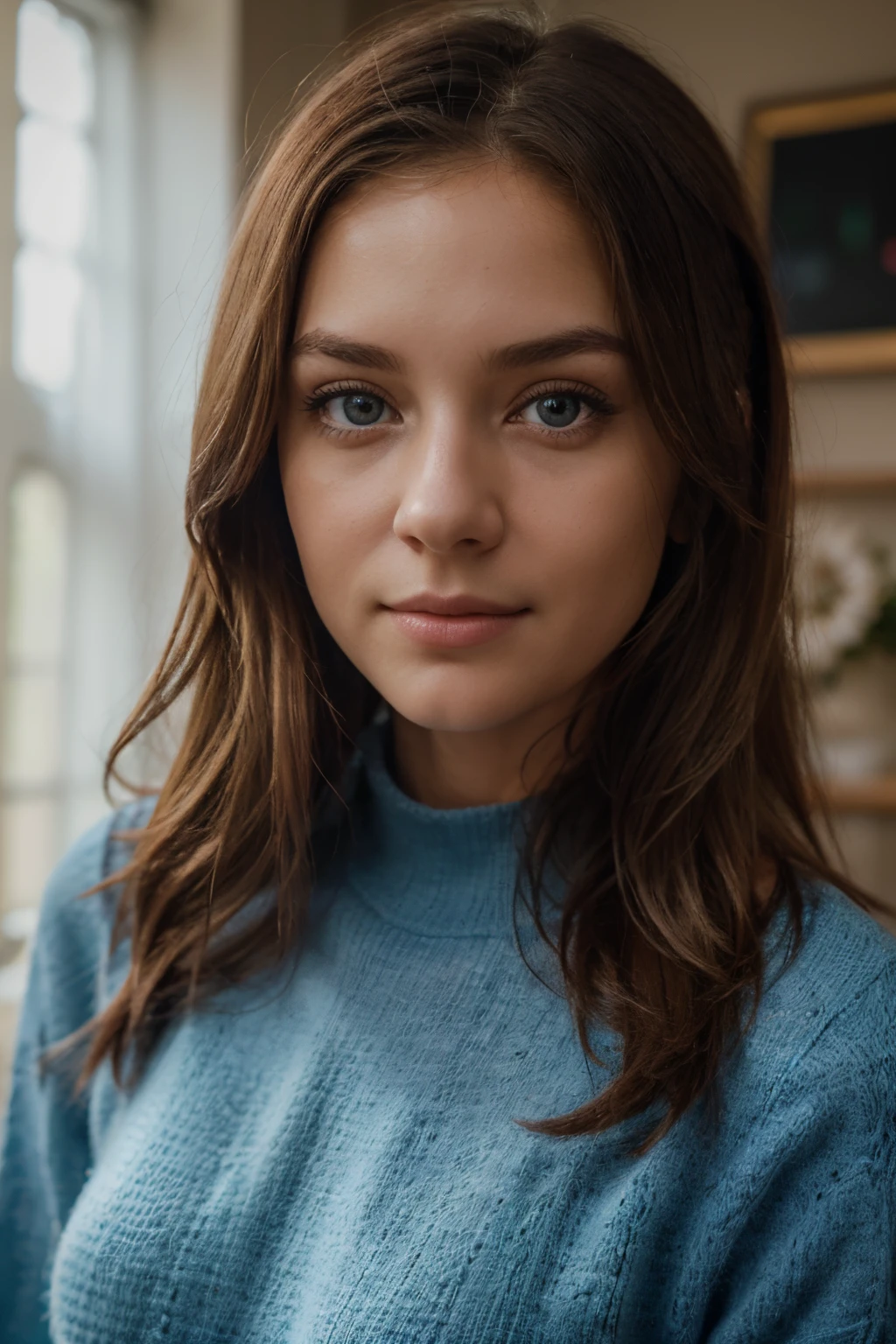 (best quality,4K,hight resolution,Meisterwerk:1.2),Ultra-detailliert,(realistisch,fotorealistisch,fotorealistisch:1.37),portrait,Teenager,young woman,lovely girl,pullover,beautiful detailed eyes,kleine Stuppsnase,sommersprossen,rosa backen,Beautiful, detaillierte Lippen,lange Wimpern,schulterlanges Haar,helle Haut,Innocent smile,Lebendige Farben,Sanftes Licht, blaue augen,hohe wangenknochen