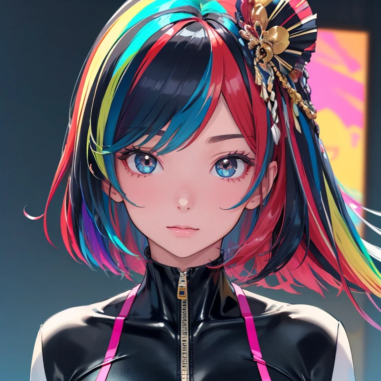 ((​masterpiece、top-quality:1.5、a high chroma:1.5、ultra-detailliert、high-resolution illustrations:1.5、Ultra-high-definition CG、8k size wallpaper、offcial art))、(1girl,),(cute face:1.5)、(clear face:1.3)、(sexy body),(),(black rubber suit、front zipper),(multicolored hair:1.5), ((medium breasts))、
,(Glossy costumes),()、(cowboy shot)、rainbow-colored hair