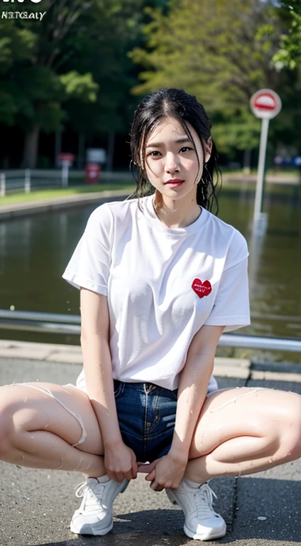 (realisitic、Photorealsitic:1.37)、(8K、Raw photography、top-quality、masterpiece:1.2)、Very cute woman、ultra-detailliert、Heart-shaped pupil、physically-based renderingt、超A high resolution、Kodak Vision Color、Captured with an Arricam LT camera、bokeh dof、foco nítido、(((Correct anatomy:1.2)))、Take a picture of the whole body、open your legs and show your crotch:1.37、お漏らし、I'm leaking pee:1.37、floods(Again is wet:1.37)