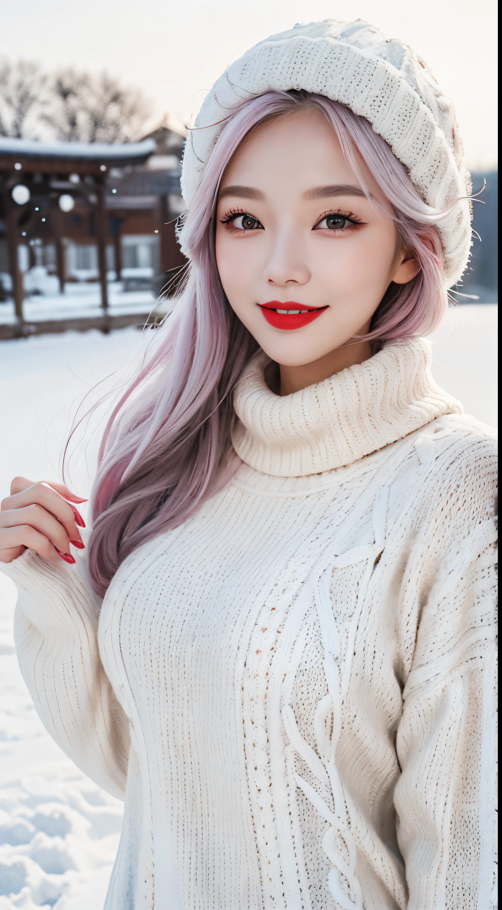 bestquality, 10, 10, beautiful girl, Korean Makeup, Red lips, platinum hair, Smiles, Clear Face, thights, Perfect body, mediuml breasts, snow, Winter clothes, White sweater, outdoor, Everything about winter,