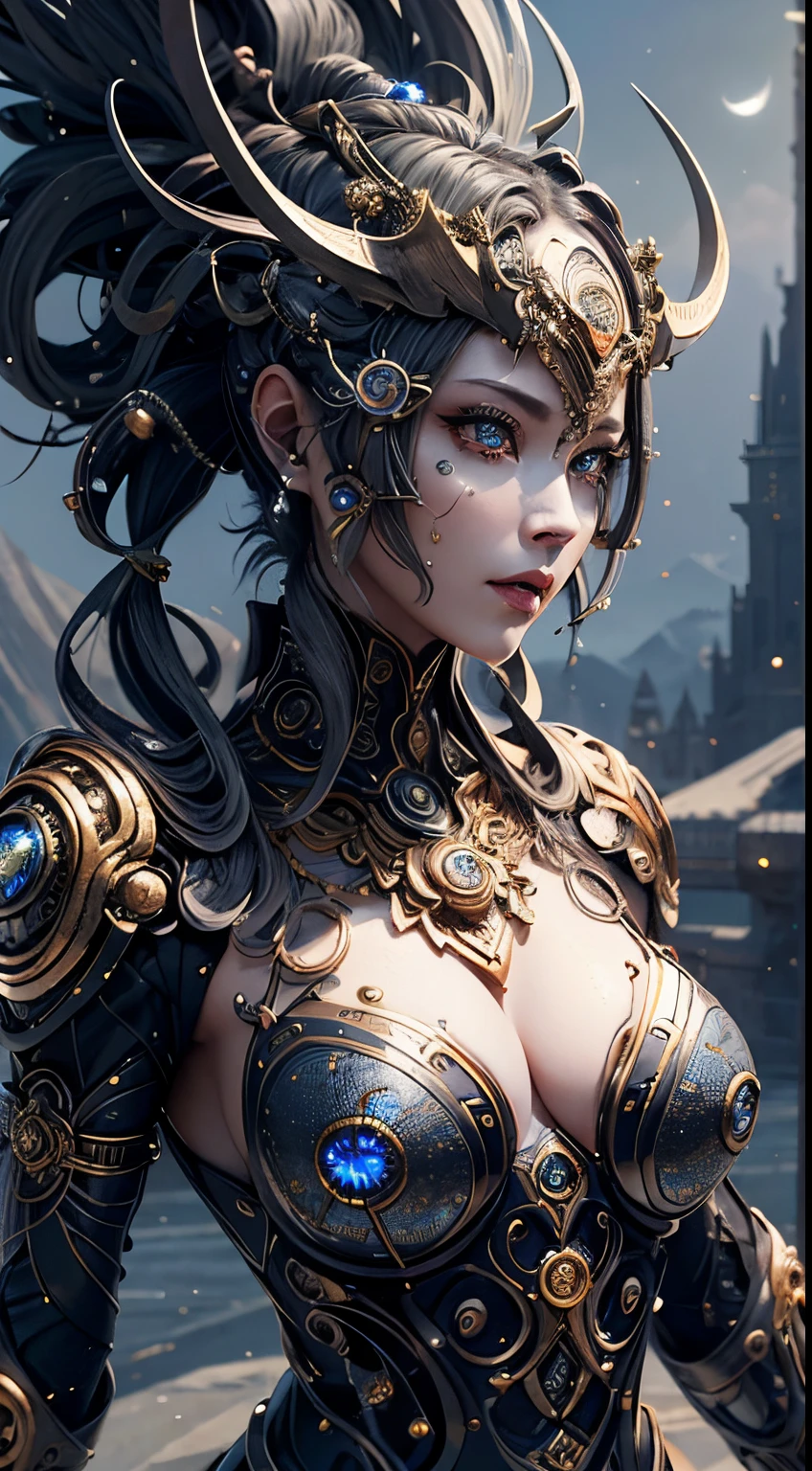 （best qualtiy，ultra - detailed，best best illustration，The best shadow，tmasterpiece，hight resolution，professionalartwork，famousartwork），A detailed eye，beautidful eyes，Close-up cleavage，sci-fy，colored sclera，Robotic eyes，face markings，Tattoos，（fractalized，Fractal Eye），largeeyes，largeeyes，（Eye focus），surface focus，the eye of the universe，Spaceeye，Close up of metal sculpture of woman with moon in hair，Welcoming。extremely high detail，3D Goddess Portrait，Goddess is very knowledgeable，a stunning portrait of a goddess，goddess profile avatar，portrait of a beautiful goddess，Goddess full body close-up，goddess hecate，portrait of a norse moon goddess，goddess of space and time