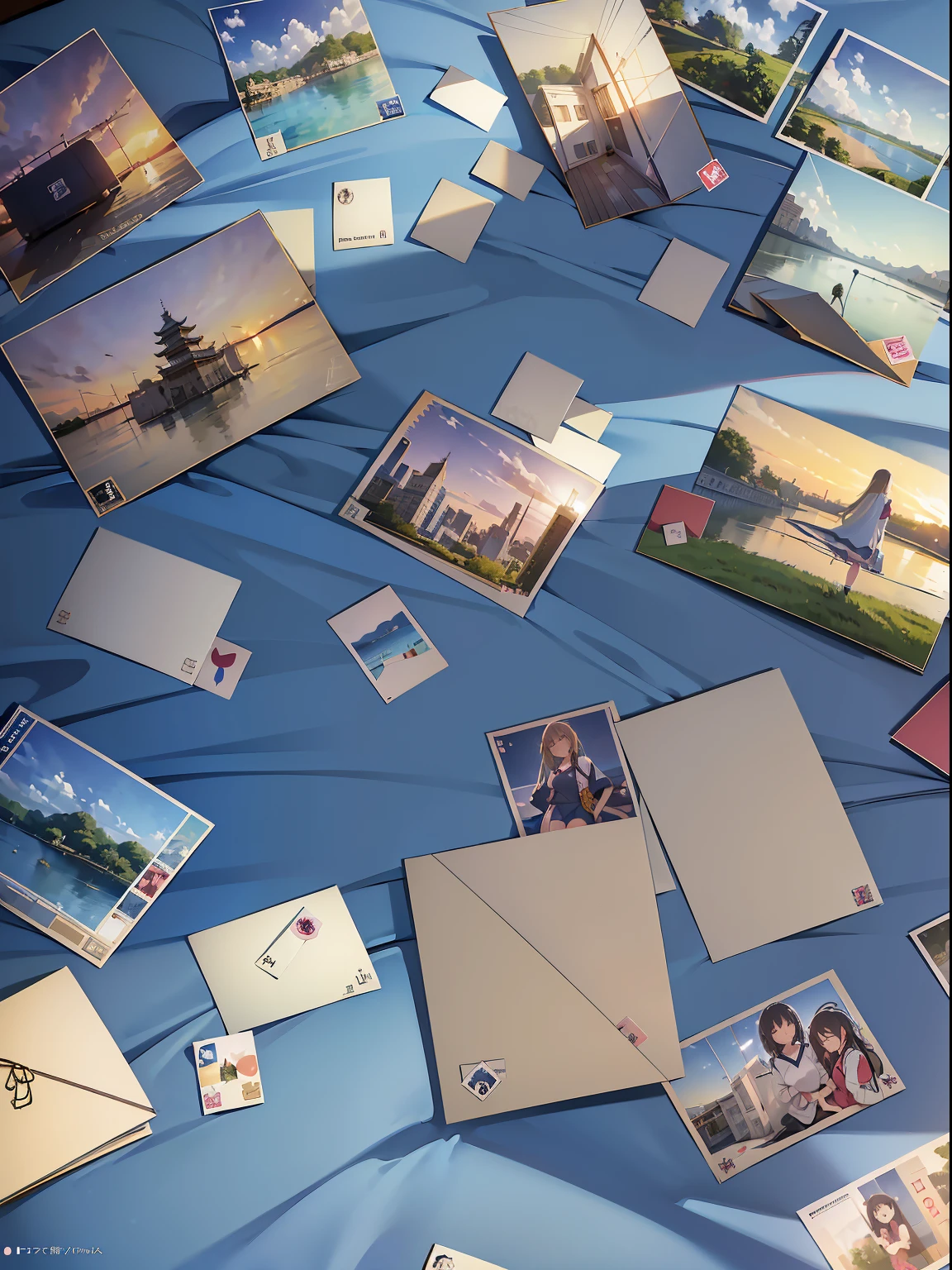 (RAW Photos, Best Quality), (animesque: 1.2), ((((Postcards scattered on the bed)))), ((1womanl)), ((Are sleeping)), ultra-detailliert,