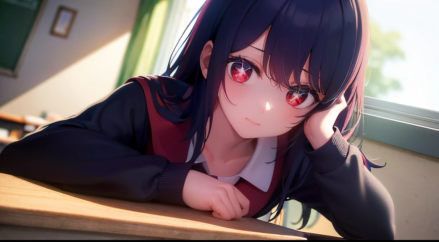 Empty classroom after school, classroom scene, sunlight shining in through the window, (a lazy cute girl lying on her desk, looking at the audience), solo, hair ornament on left, (half-off JK school uniform), black summer short-sleeved school uniform, (red eyes, stars in the eyes), classroom, (desk), curtains, windows, front, fantasy, (upper body) (large classroom: 1.2) (large scene), medium and long shot, denim lens, (colorful: 1.2) (best quality: 1.2), master work, (high accuracy: 1.1), 8k resolution, (rich detail), delicate, clear background, noise reduction, complex details, super detailed, very detailed, complex, small details, CG, fresh
