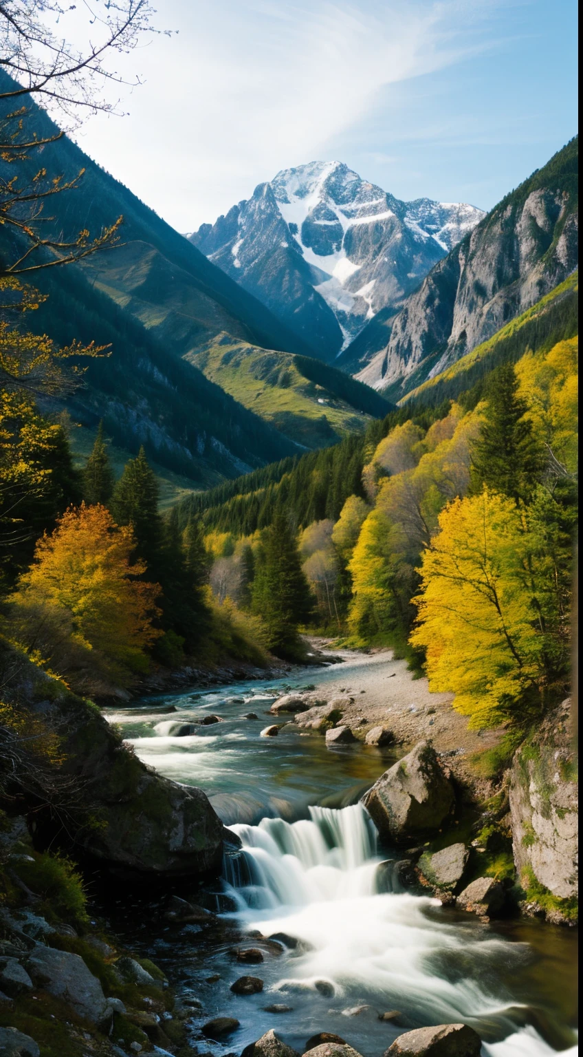 A high-quality photograph taken from a unique perspective, standing in water and looking up at a majestic mountain. The stream is prominently visible as it gracefully descends from the mountain's summit, meandering in a long and gentle path that extends from the top of the image to the bottom. This captivating scene captures the awe-inspiring beauty of nature as you gaze upwards at the cascading stream flowing down the mountainside. In the distance, birds can be seen soaring against the backdrop of this picturesque mountain landscape.
((best quality)), ((masterpiece)), (detailed)