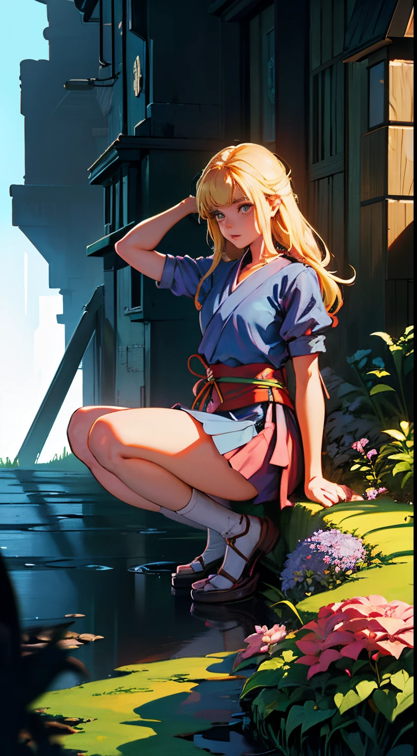 Michael Whelan, Riyoko Ikeda, Surreal, mysterious, strange, fantastical, fantasy, Sci-fi, Japanese beautiful garden, picturesque, general optics of refracting telescope, stone flower, beautiful blonde miniskirt girl Alice, perfect body, detailed masterpiece